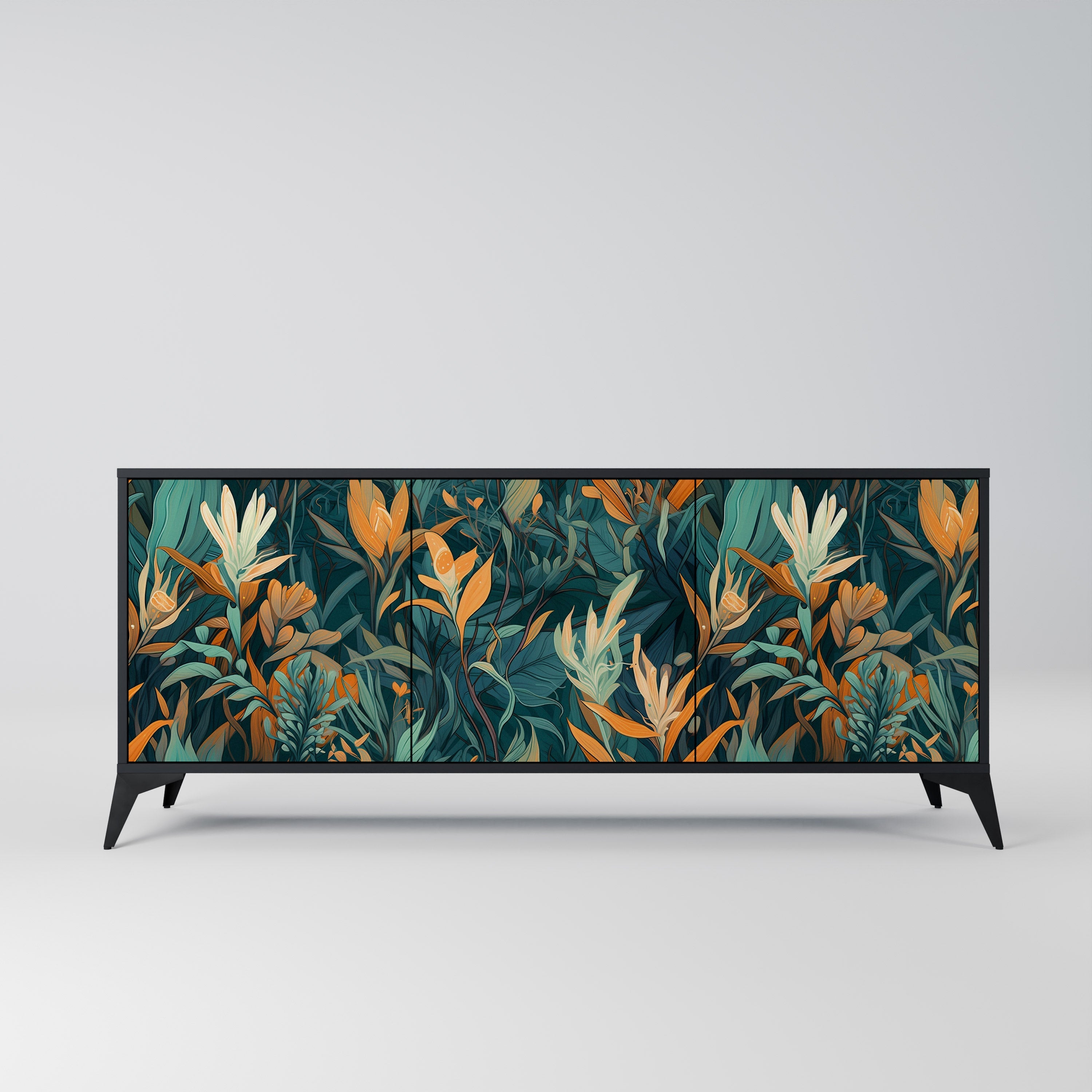 FLORAL SERENITY 3-Door Sideboard in Black Finish
