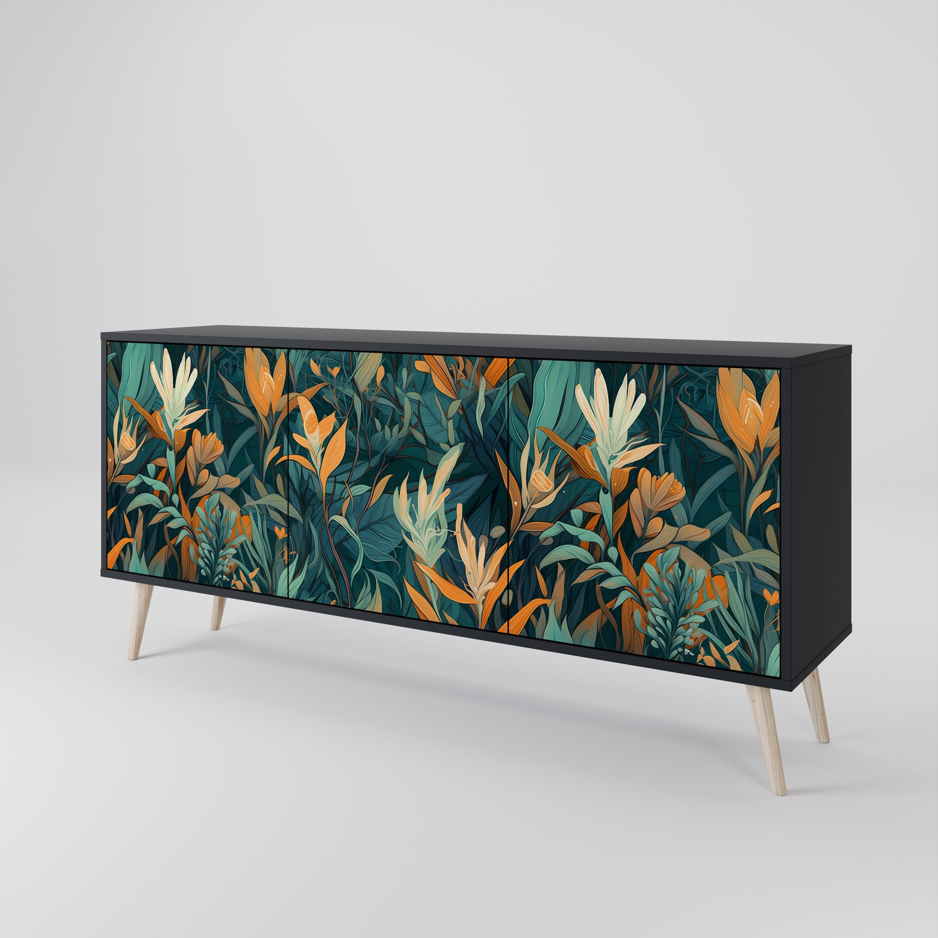 FLORAL SERENITY 3-Door Sideboard in Black Finish