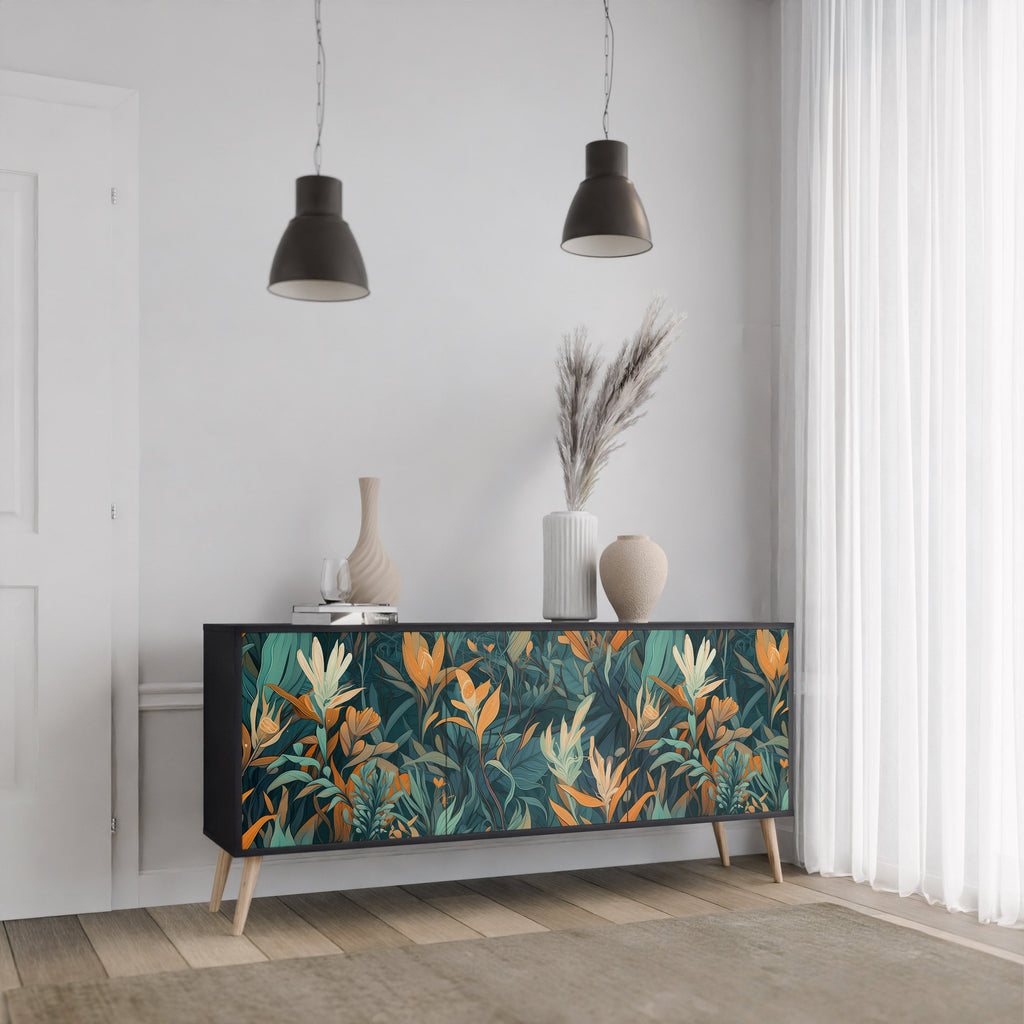 FLORAL SERENITY 3-Door Sideboard in Black Finish