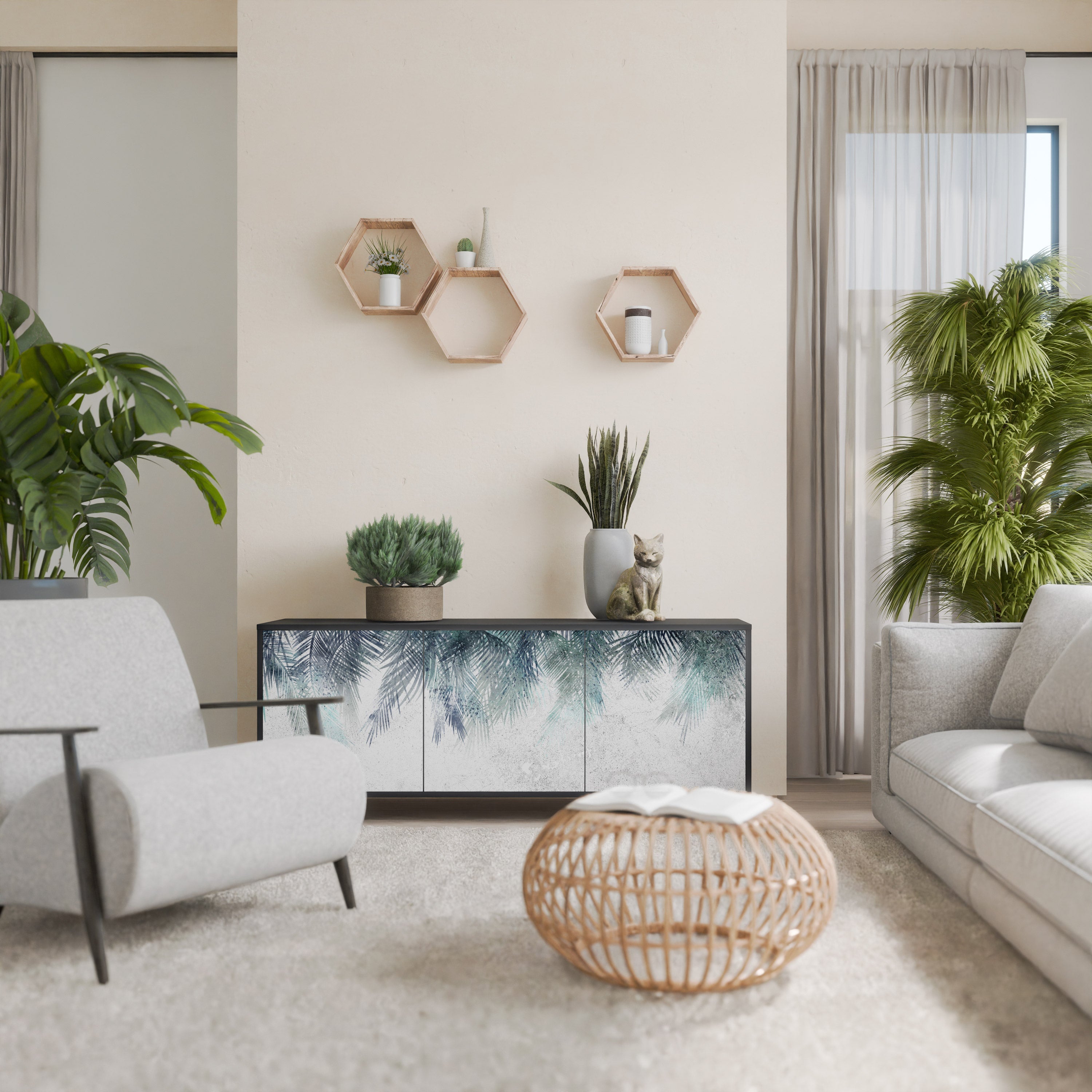 PALM VEIL Sideboard mit 3 Türen in Schwarz