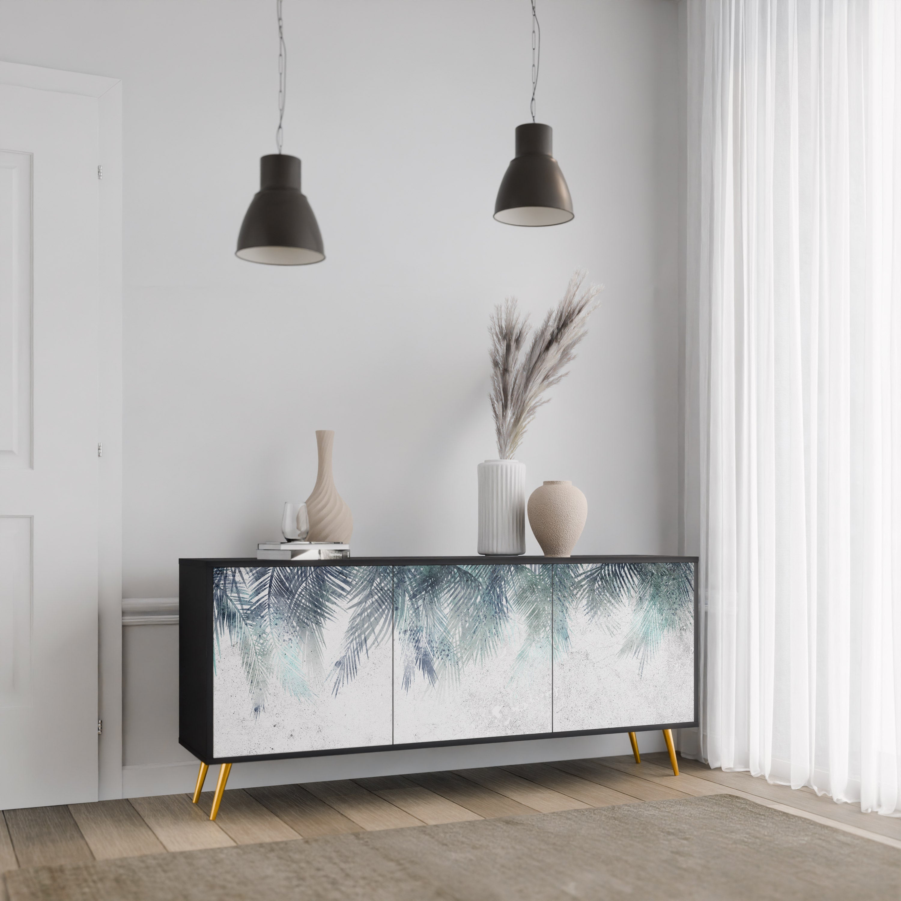 PALM VEIL Sideboard mit 3 Türen in Schwarz