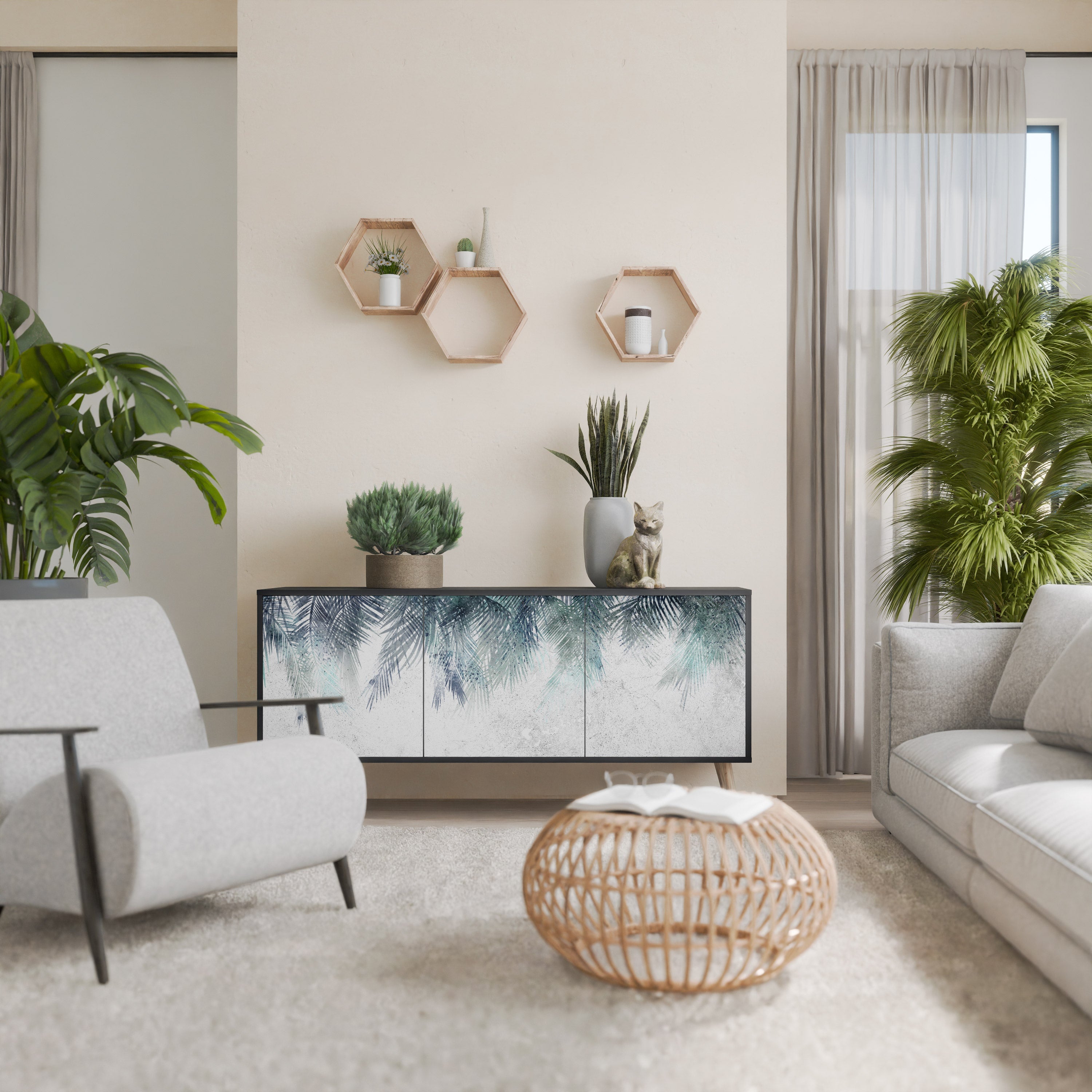 PALM VEIL Sideboard mit 3 Türen in Schwarz