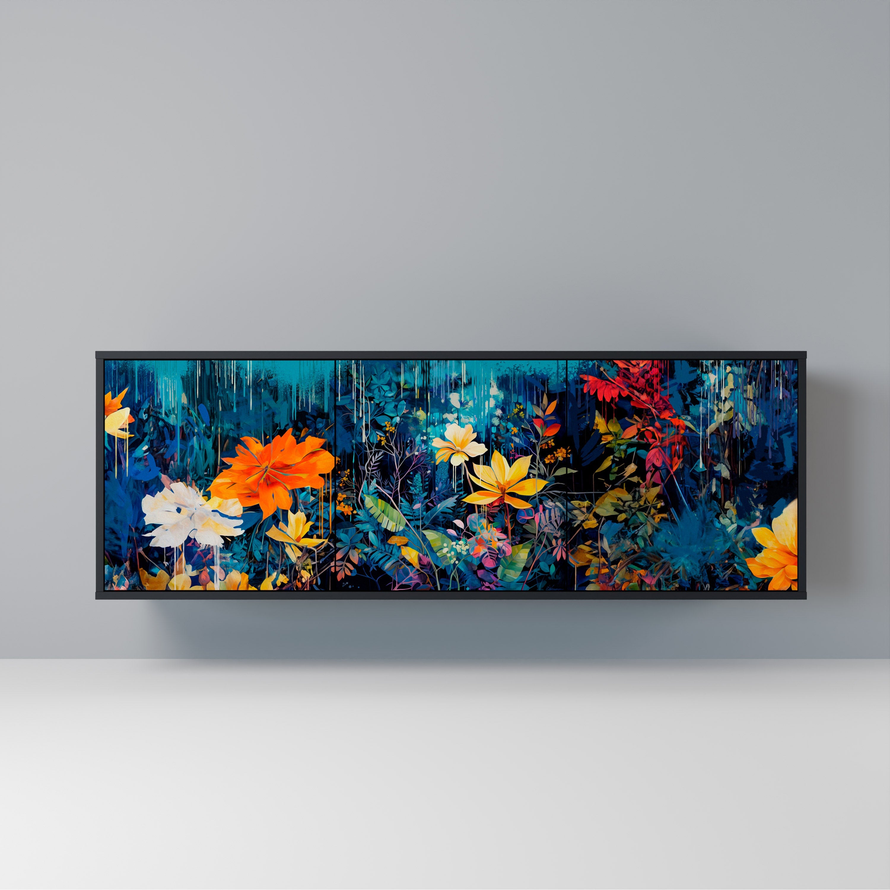 MIDNIGHT BLOSSOM 3-Door Sideboard in Black Finish