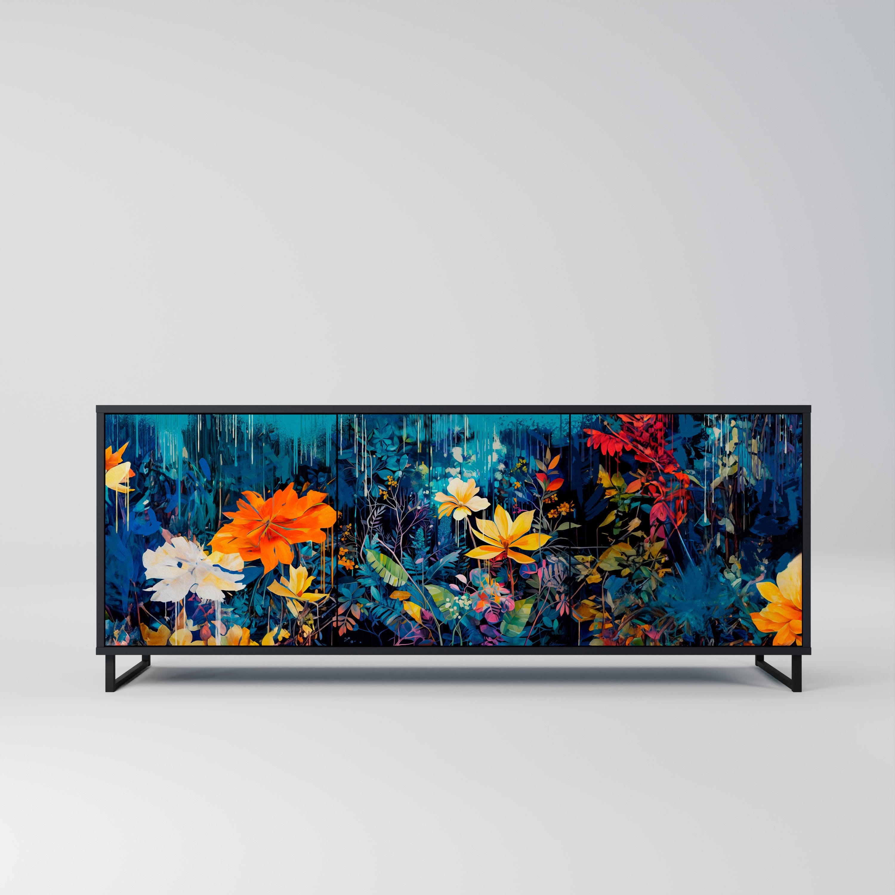 MIDNIGHT BLOSSOM 3-Door Sideboard in Black Finish