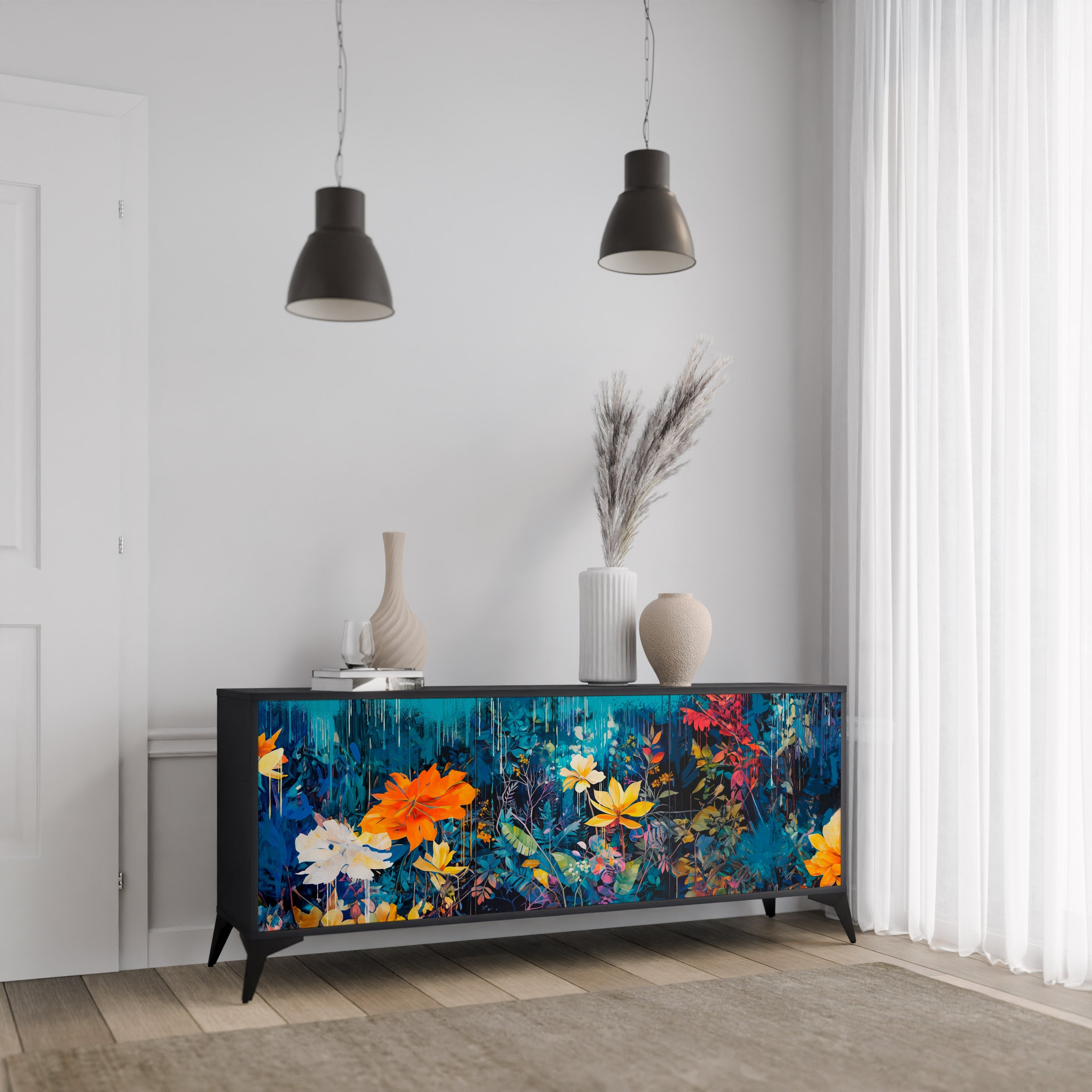 MIDNIGHT BLOSSOM Sideboard mit 3 Türen in Schwarz