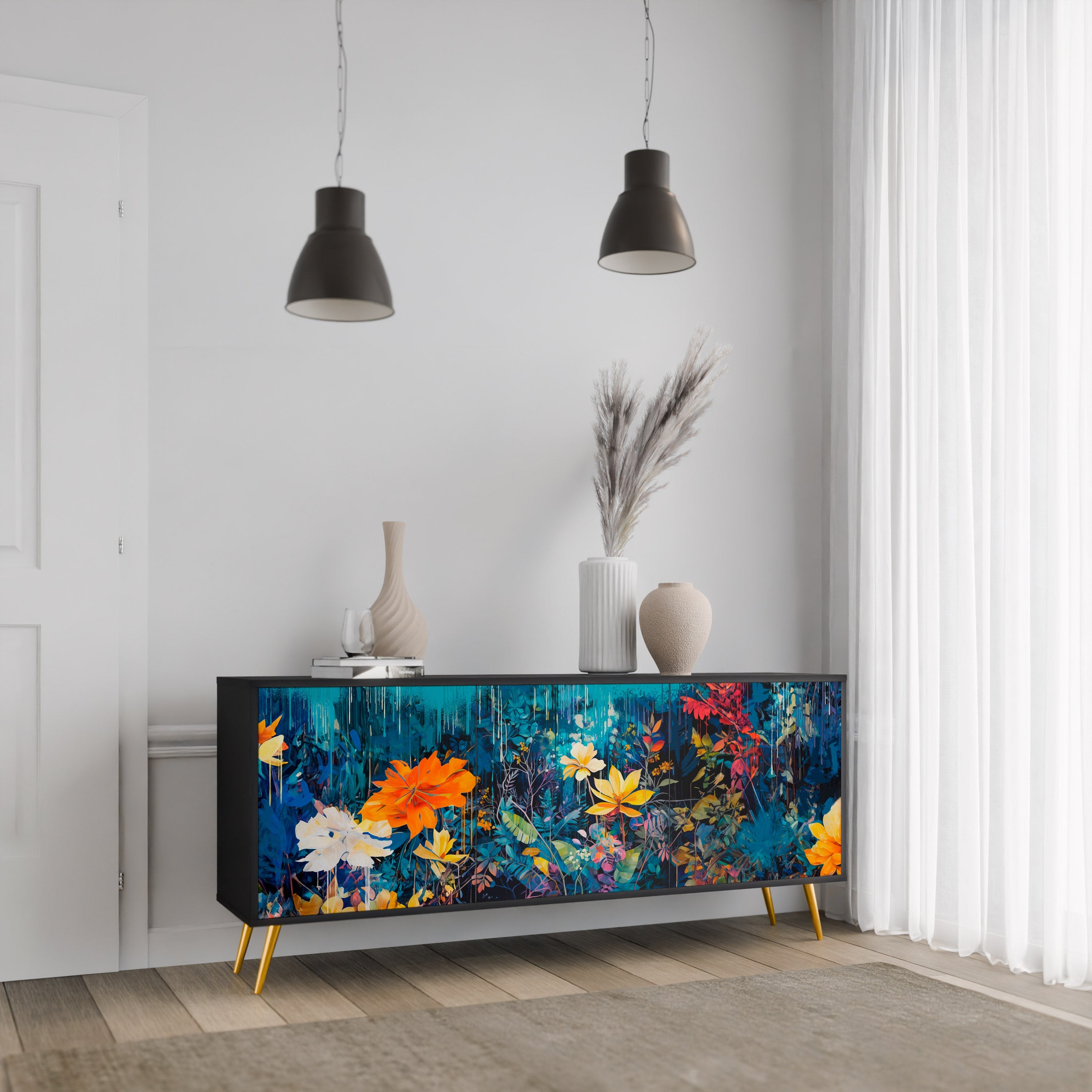MIDNIGHT BLOSSOM Sideboard mit 3 Türen in Schwarz