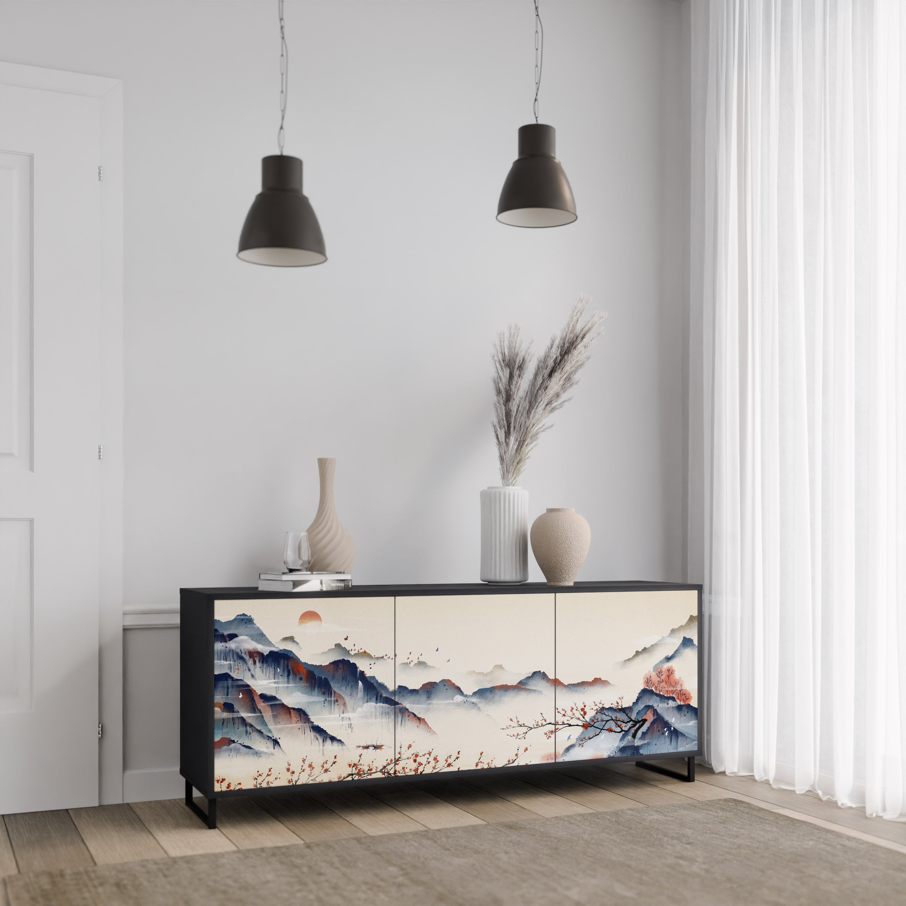 JAPANESE LANDSCAPE 3-Door Sideboard in Black Finish