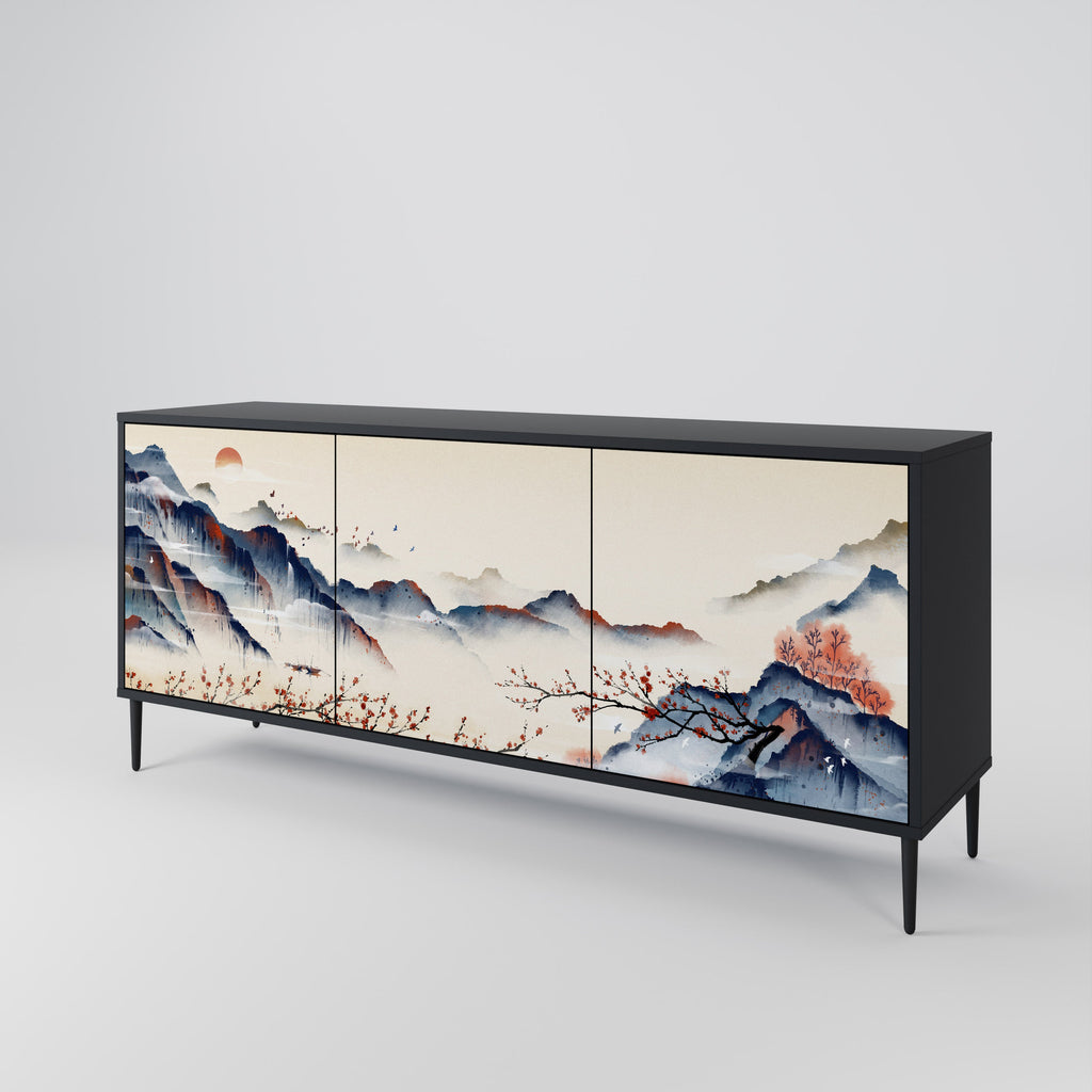 JAPANESE LANDSCAPE 3-Door Sideboard in Black Finish