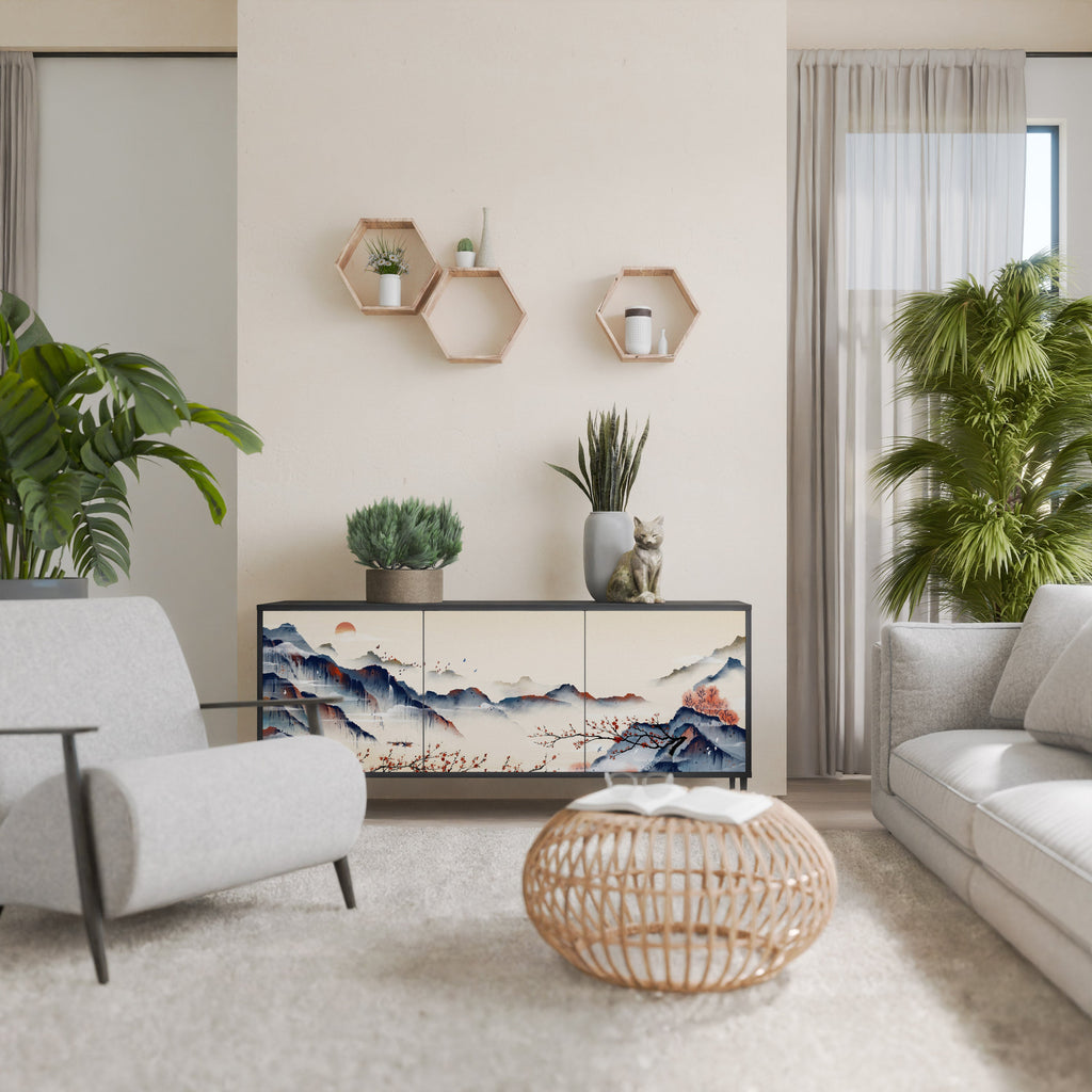JAPANESE LANDSCAPE 3-Door Sideboard in Black Finish