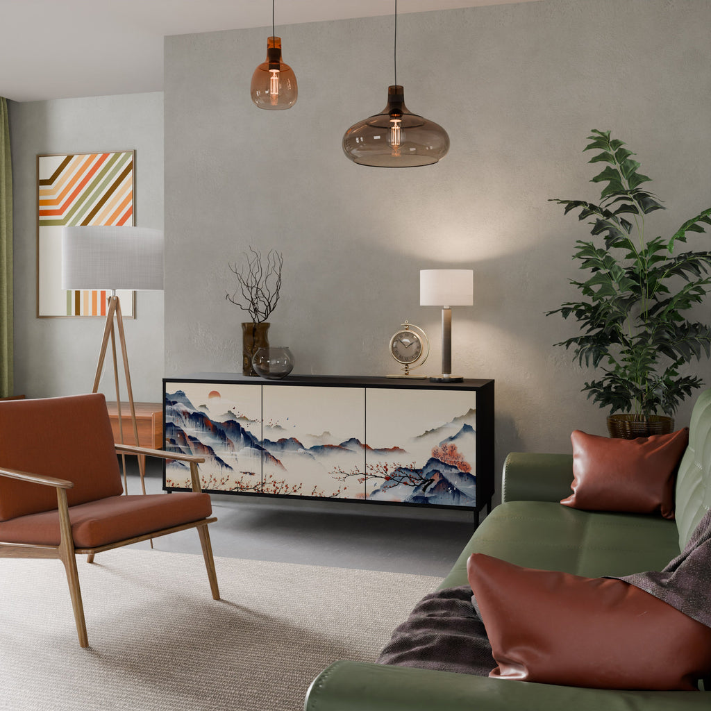 JAPANESE LANDSCAPE 3-Door Sideboard in Black Finish