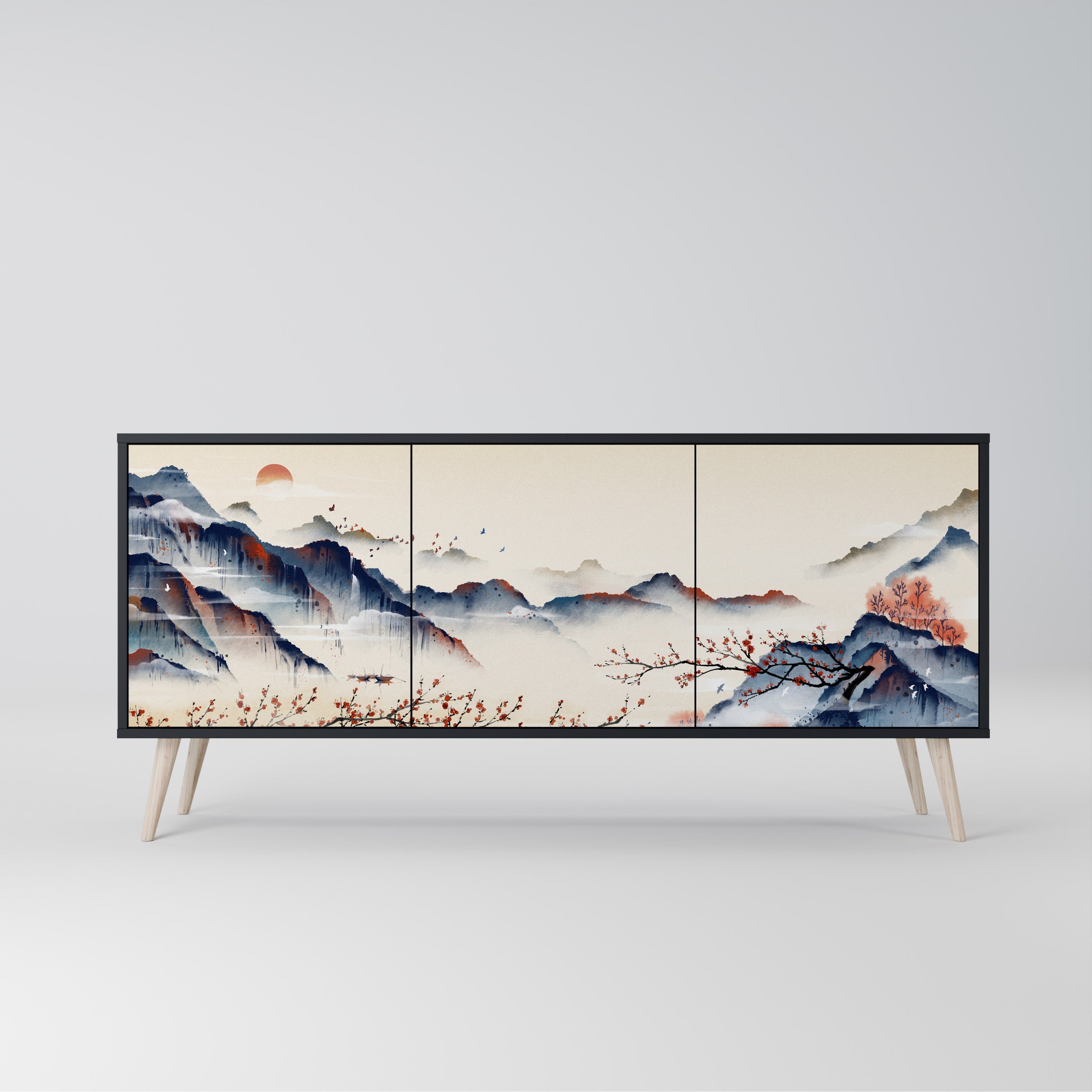 JAPANESE LANDSCAPE 3-Door Sideboard in Black Finish