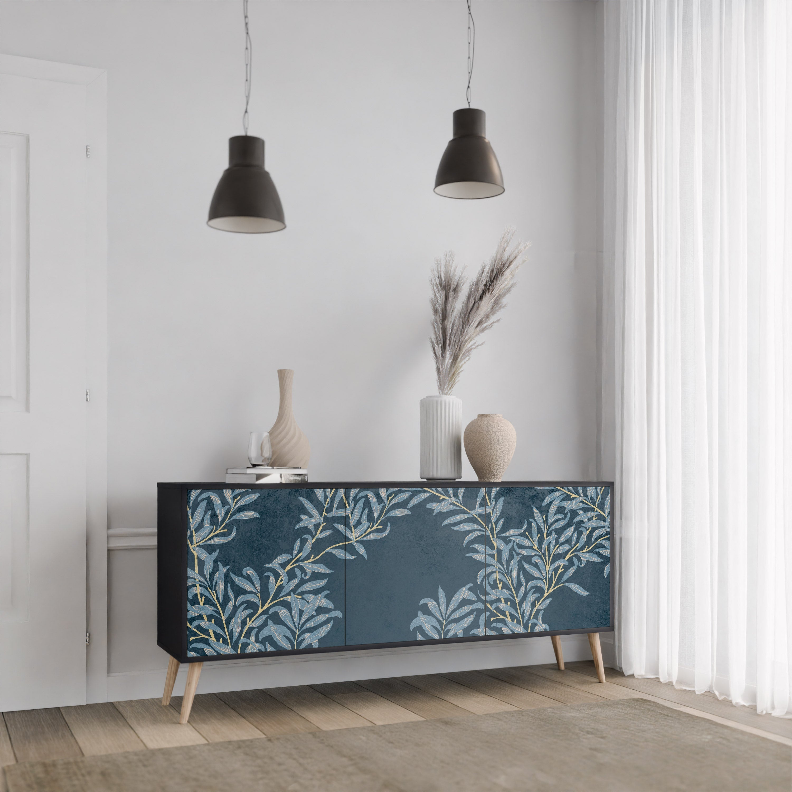 BLUE LEAVES 3-Door Sideboard in Black Finish