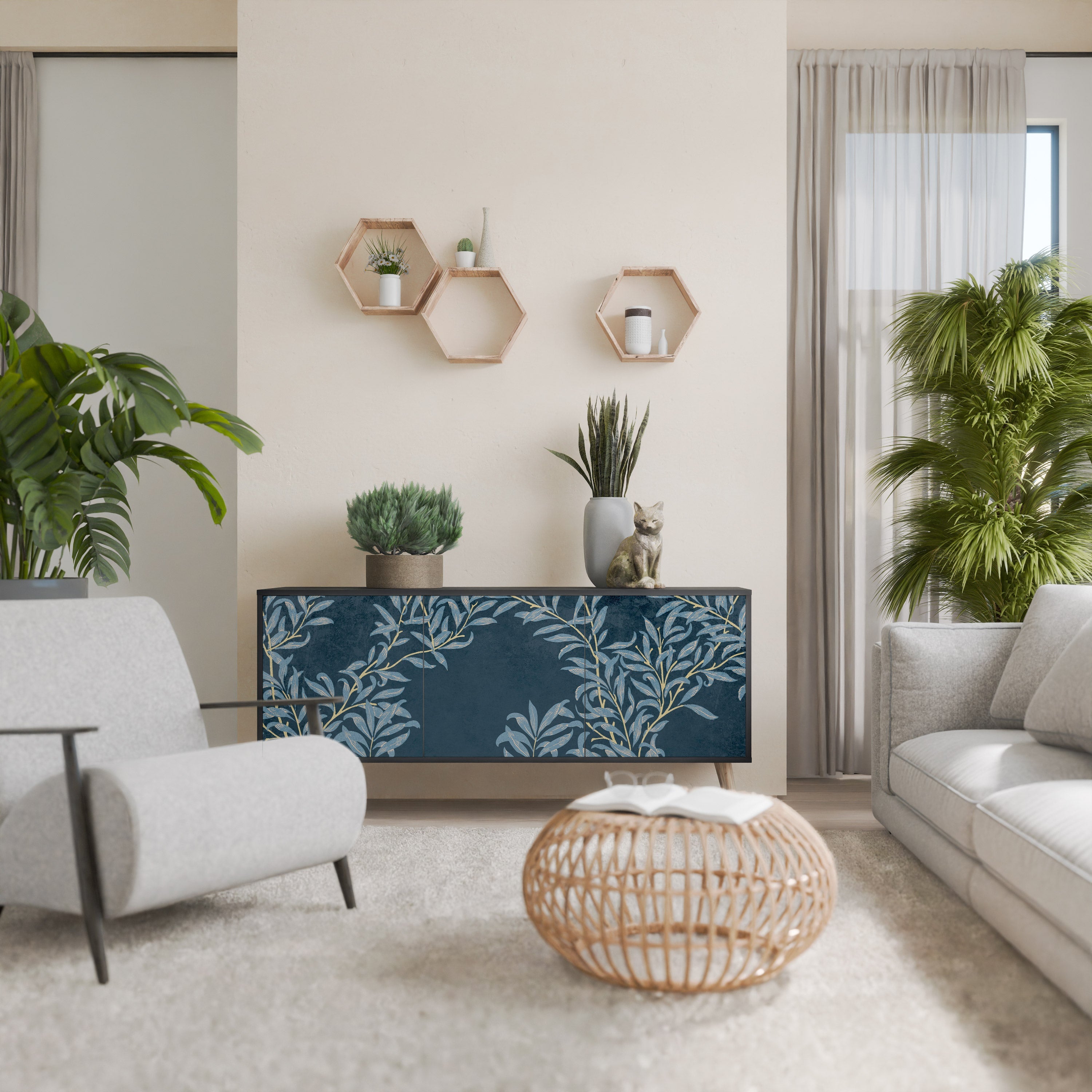 BLUE LEAVES 3-Door Sideboard in Black Finish