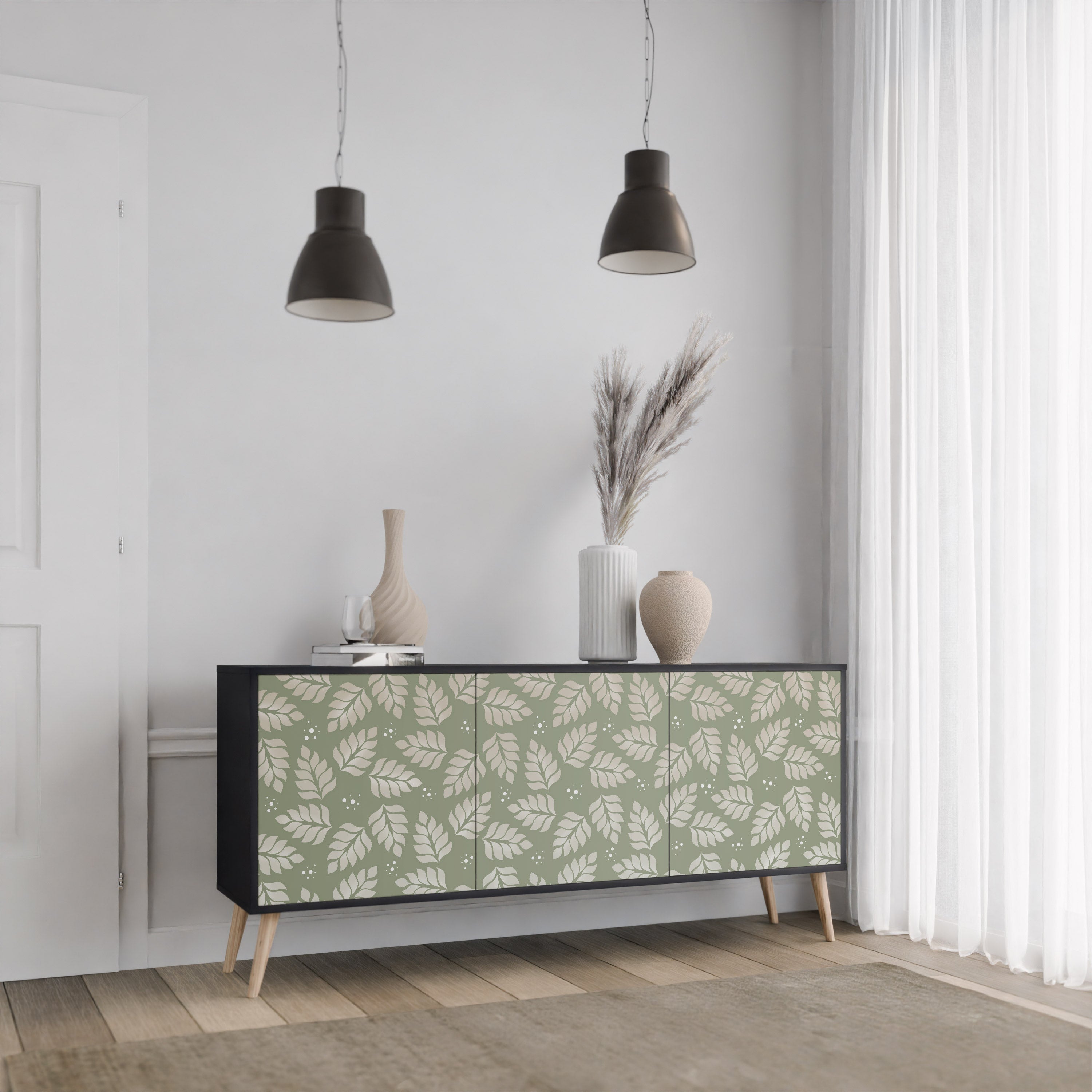 LEAVES ON GREEN 3-Door Sideboard in Black Finish