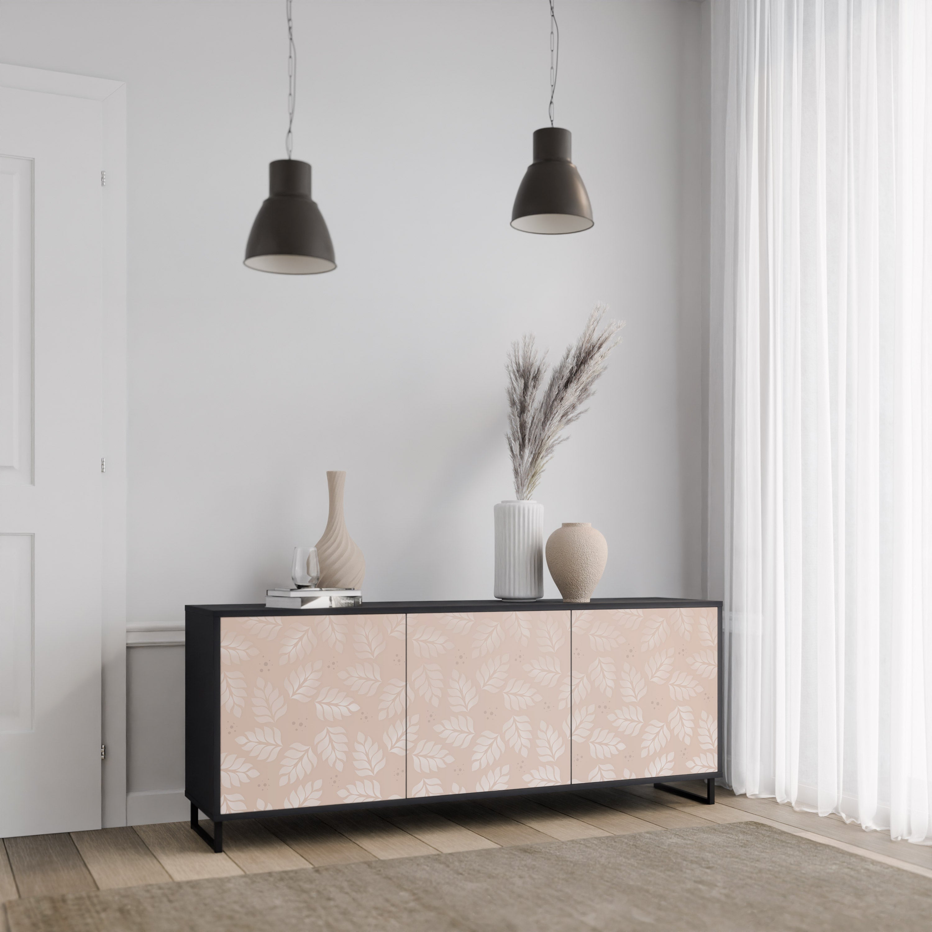 LEAVES ON BEIGE Sideboard mit 3 Türen in Schwarz