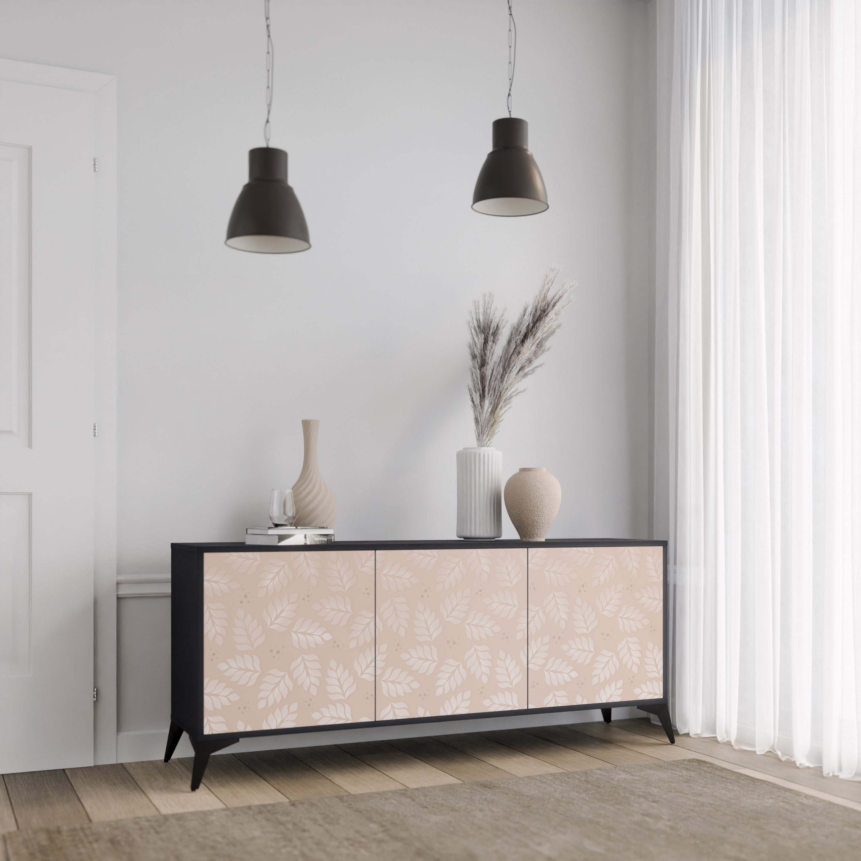 LEAVES ON BEIGE Sideboard mit 3 Türen in Schwarz