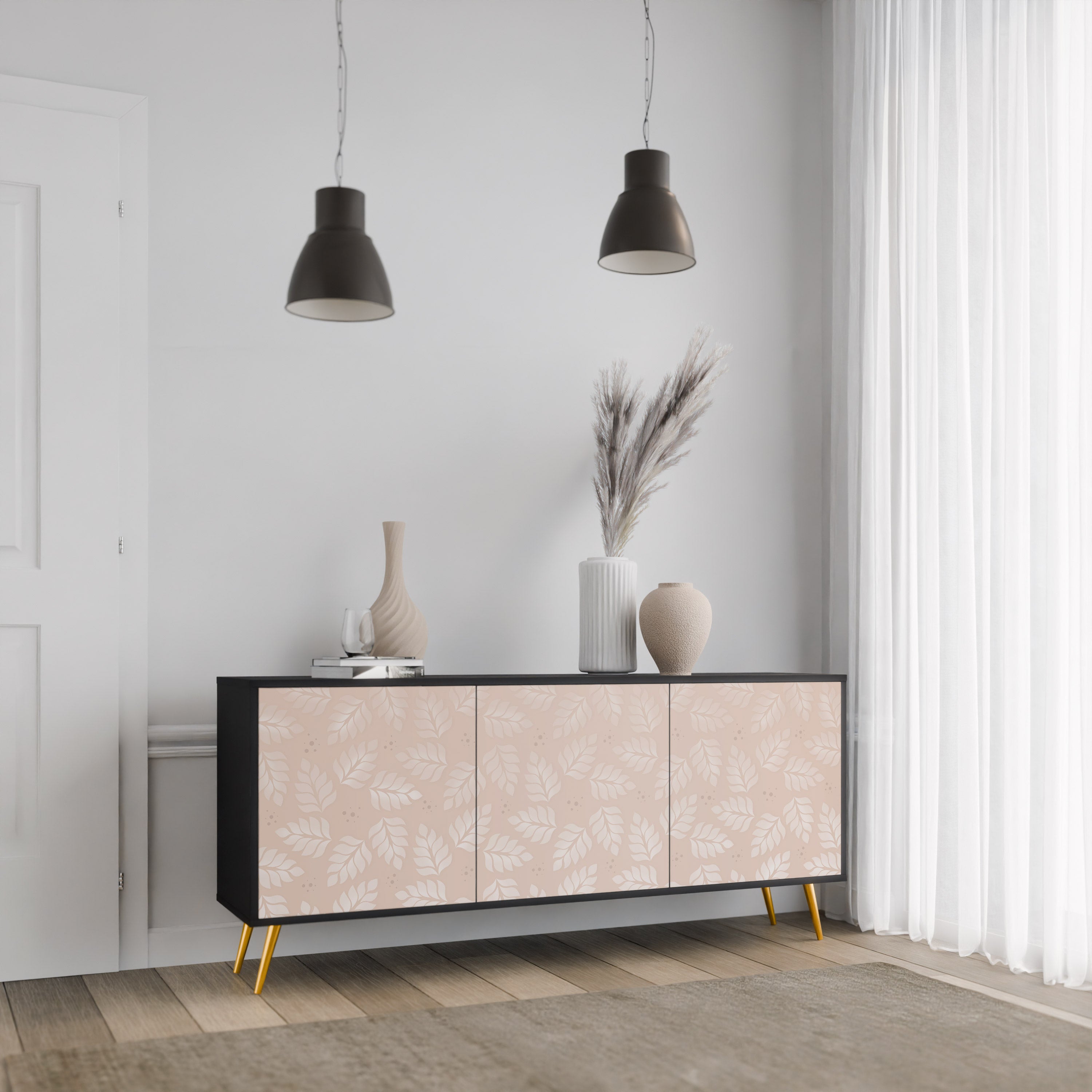 LEAVES ON BEIGE Sideboard mit 3 Türen in Schwarz