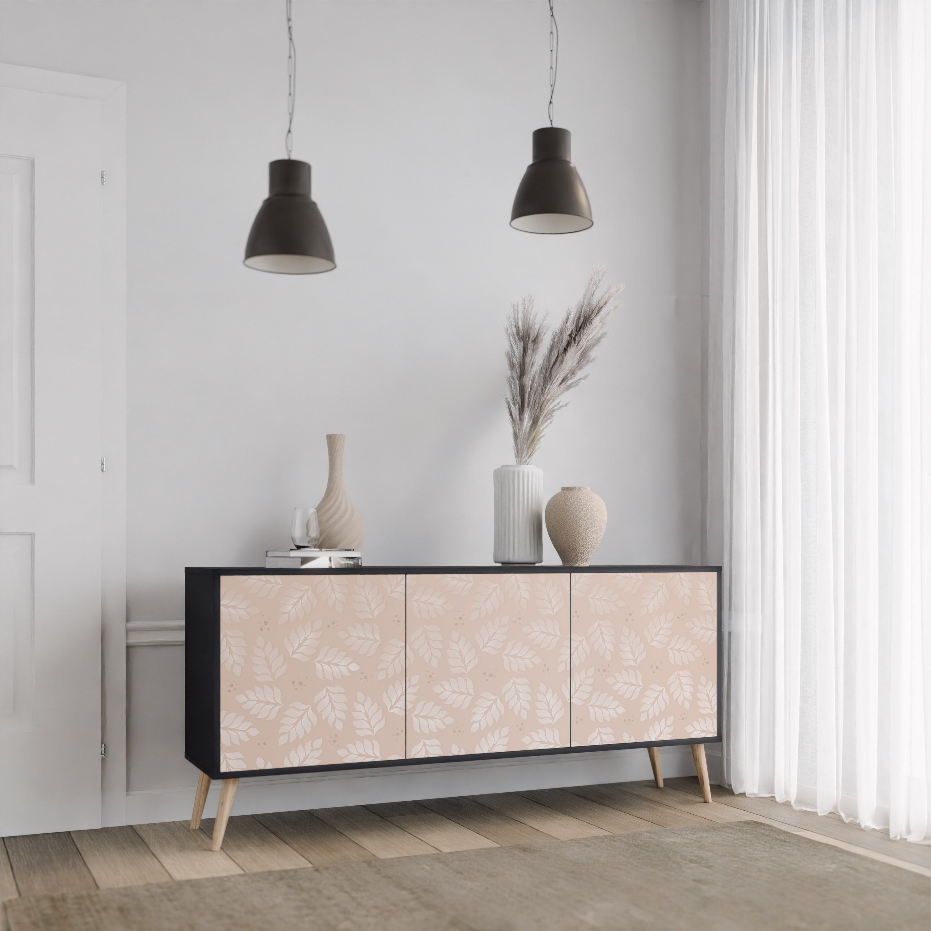 LEAVES ON BEIGE Sideboard mit 3 Türen in Schwarz