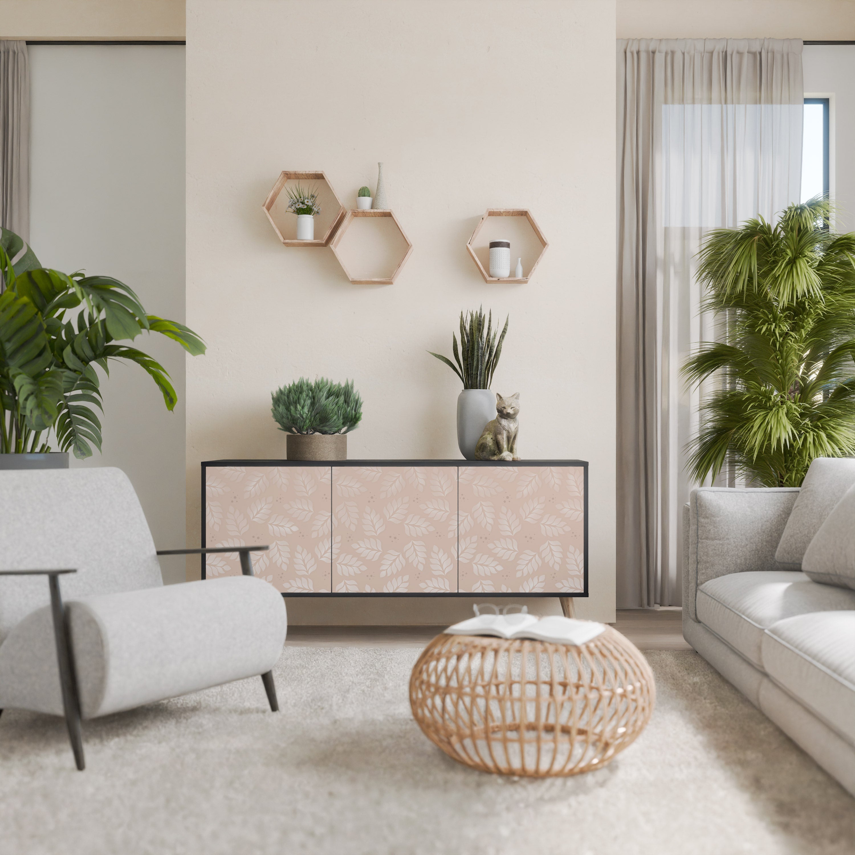 LEAVES ON BEIGE Sideboard mit 3 Türen in Schwarz