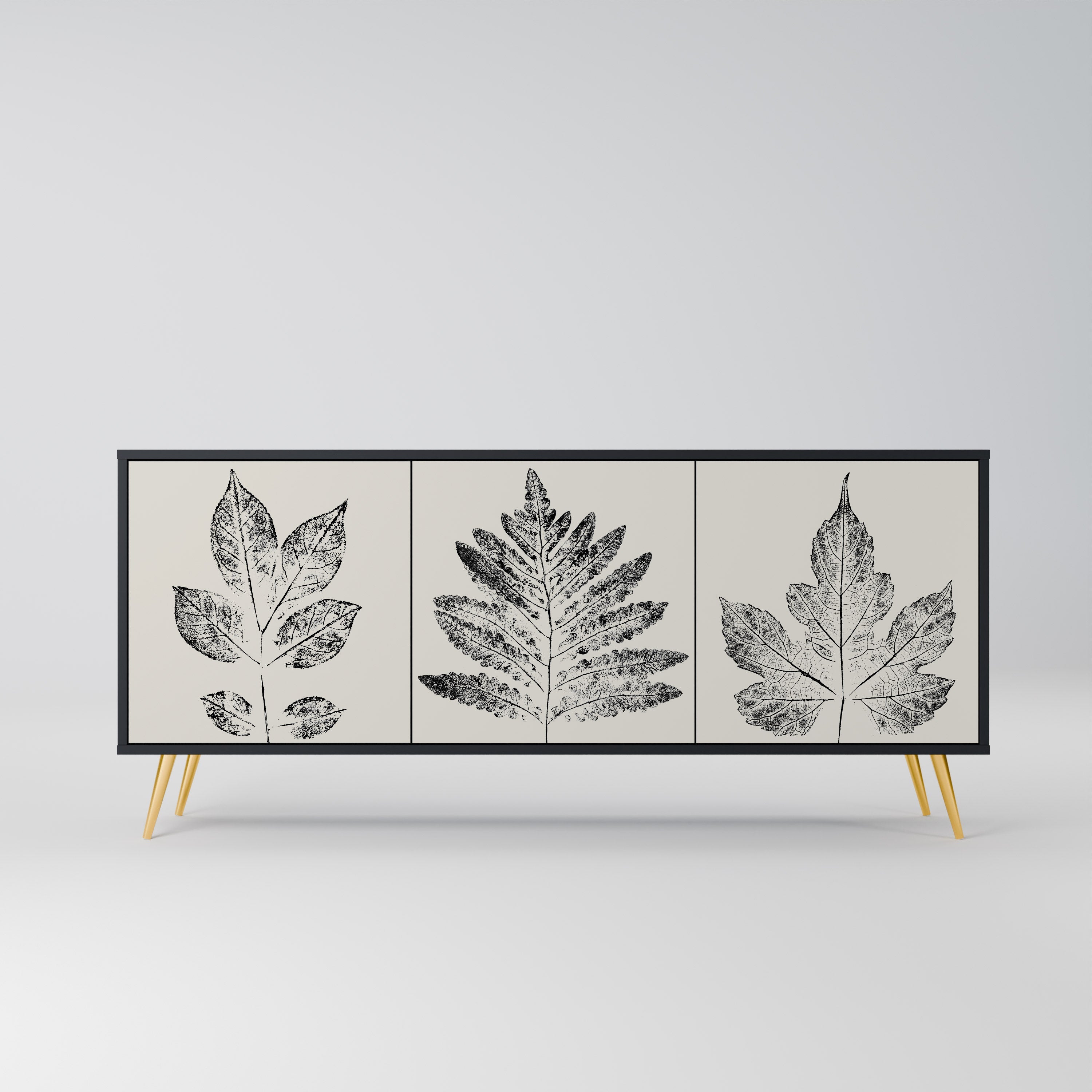LEAFY STAMPS 3-Door Sideboard in Black Finish