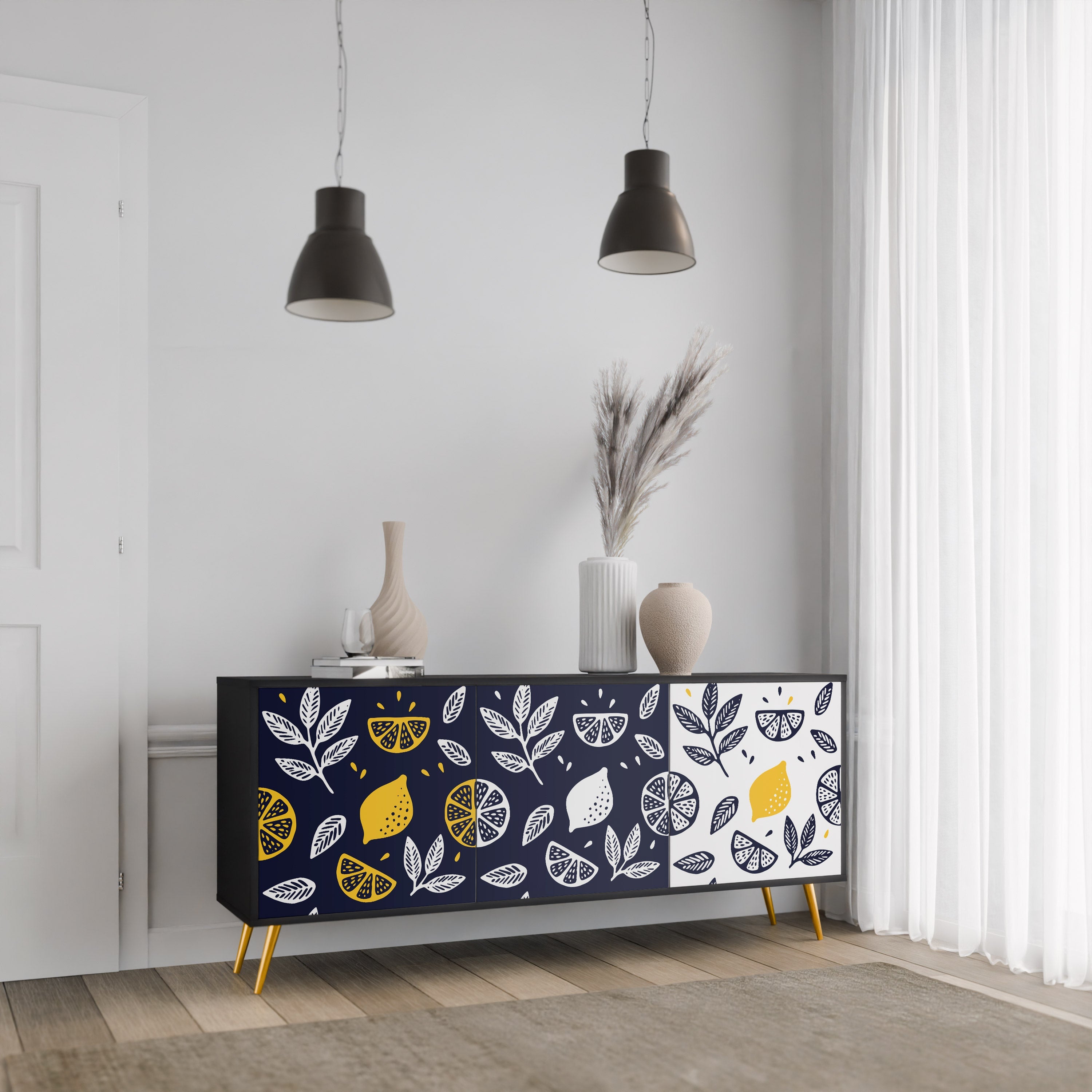 CITRUS BLACK AND WHITE 3-Door Sideboard in Black Finish