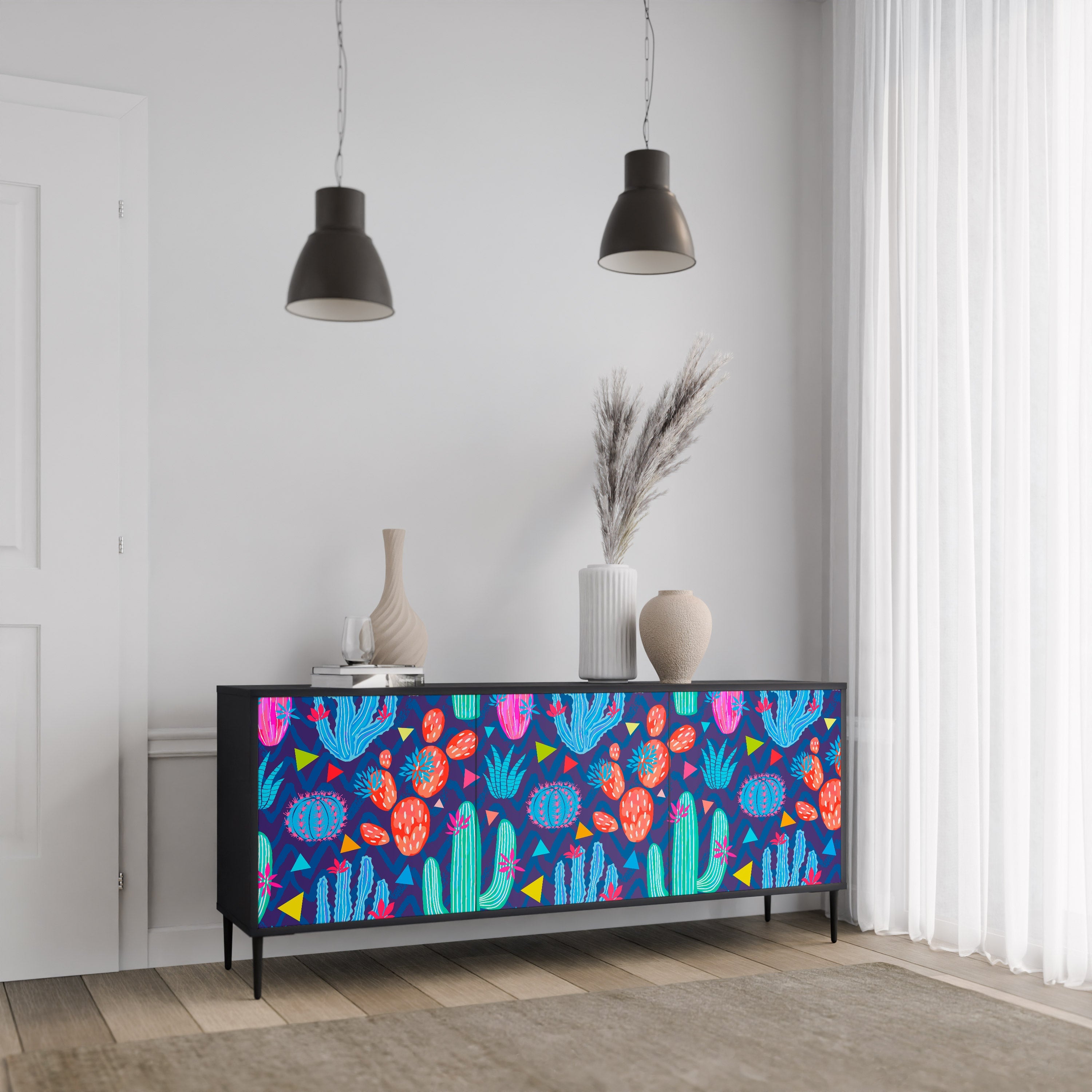 CACTUS VIBES 3-Door Sideboard in Black Finish