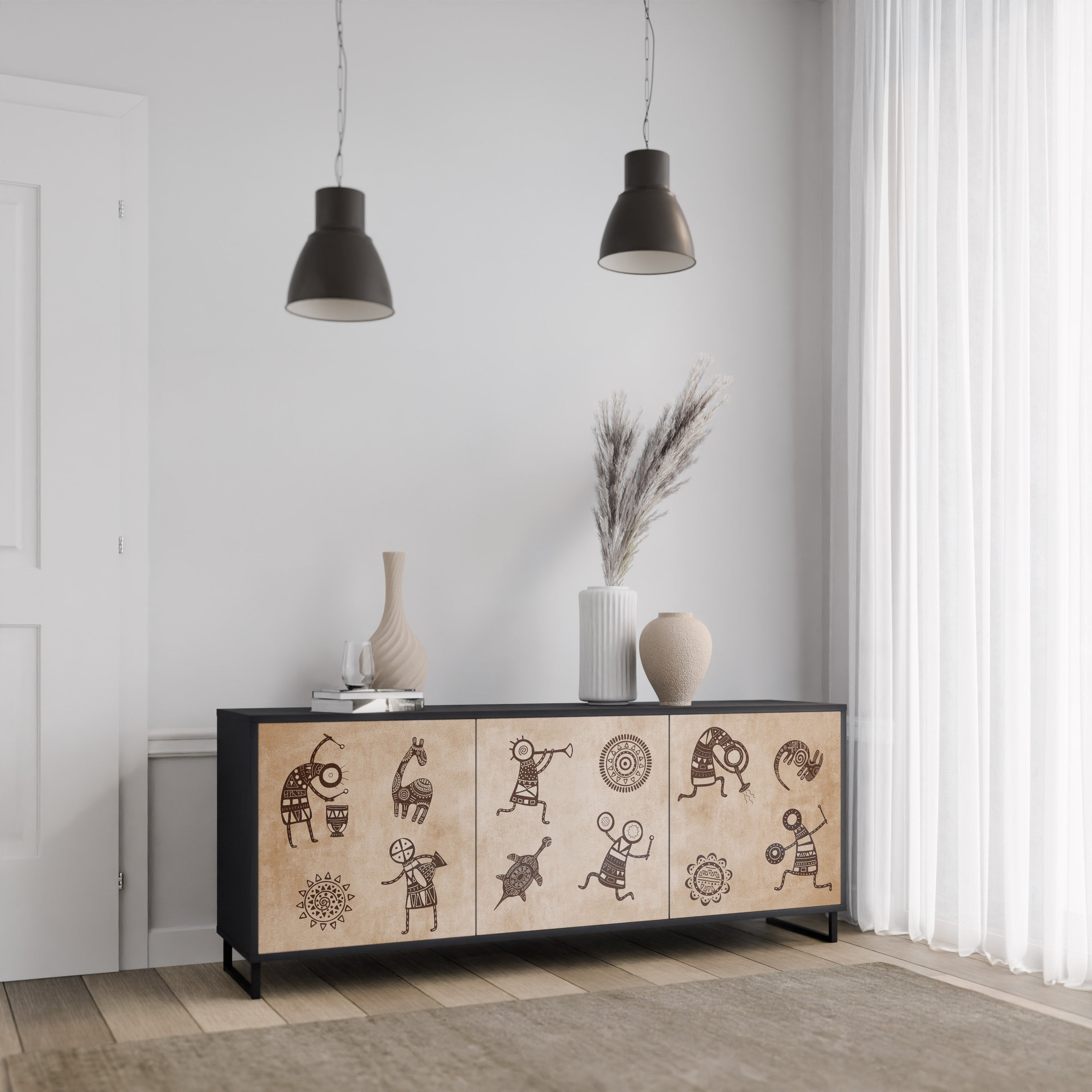 AFRICAN STYLE 3-Door Sideboard in Black Finish