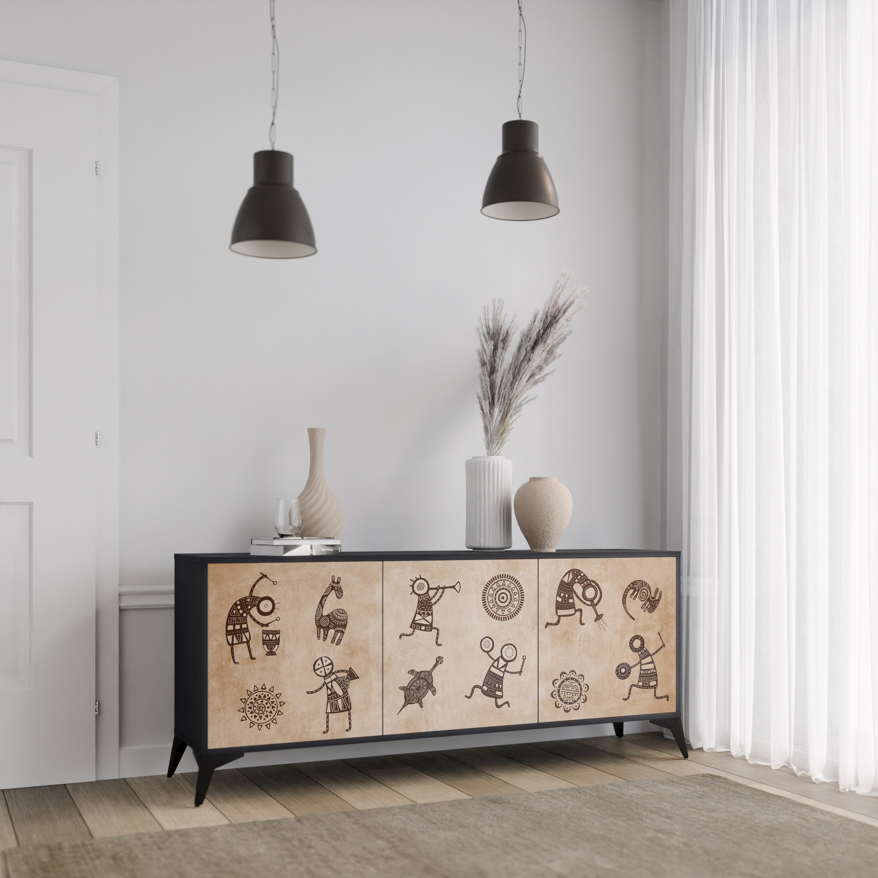 AFRICAN STYLE 3-Door Sideboard in Black Finish