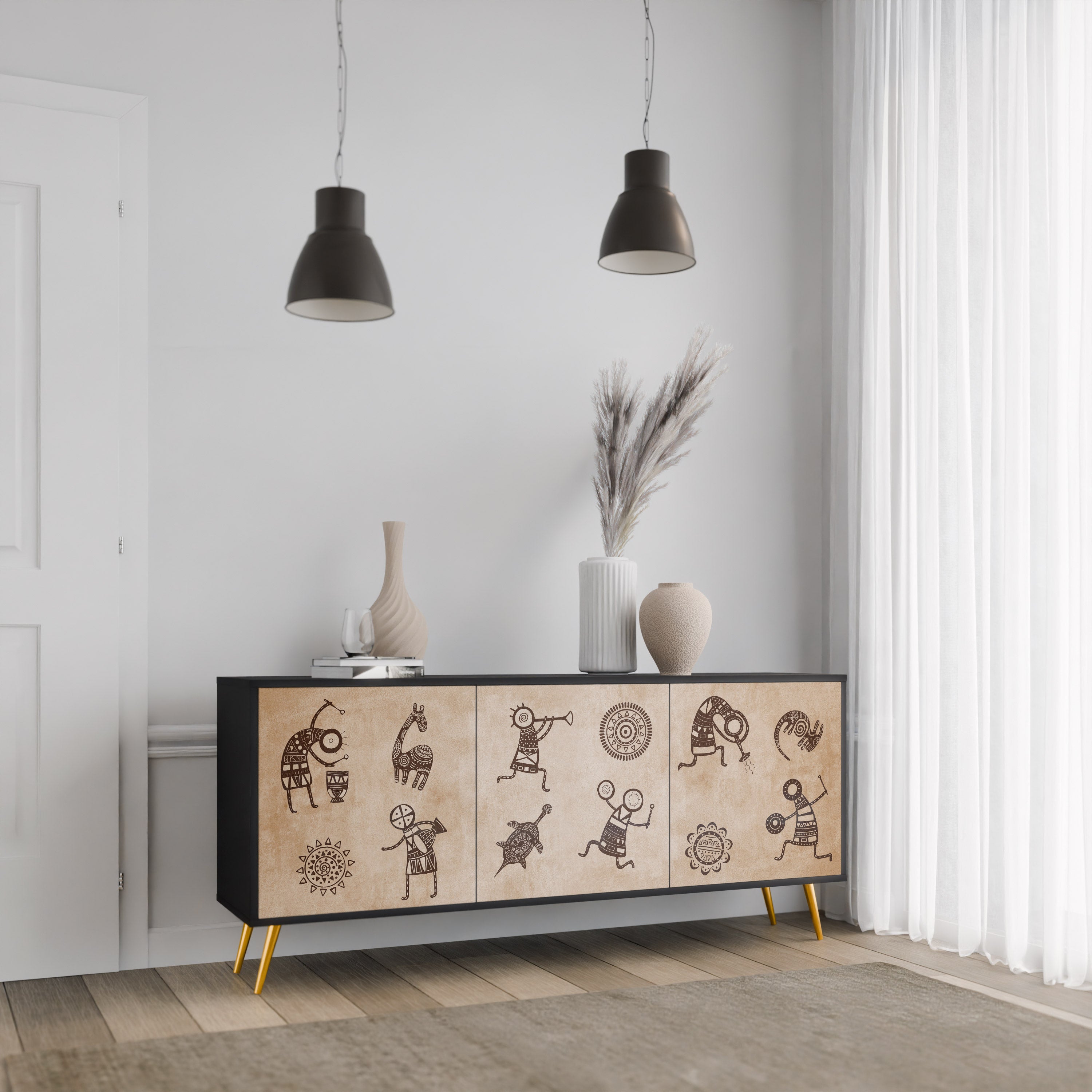 AFRICAN STYLE 3-Door Sideboard in Black Finish