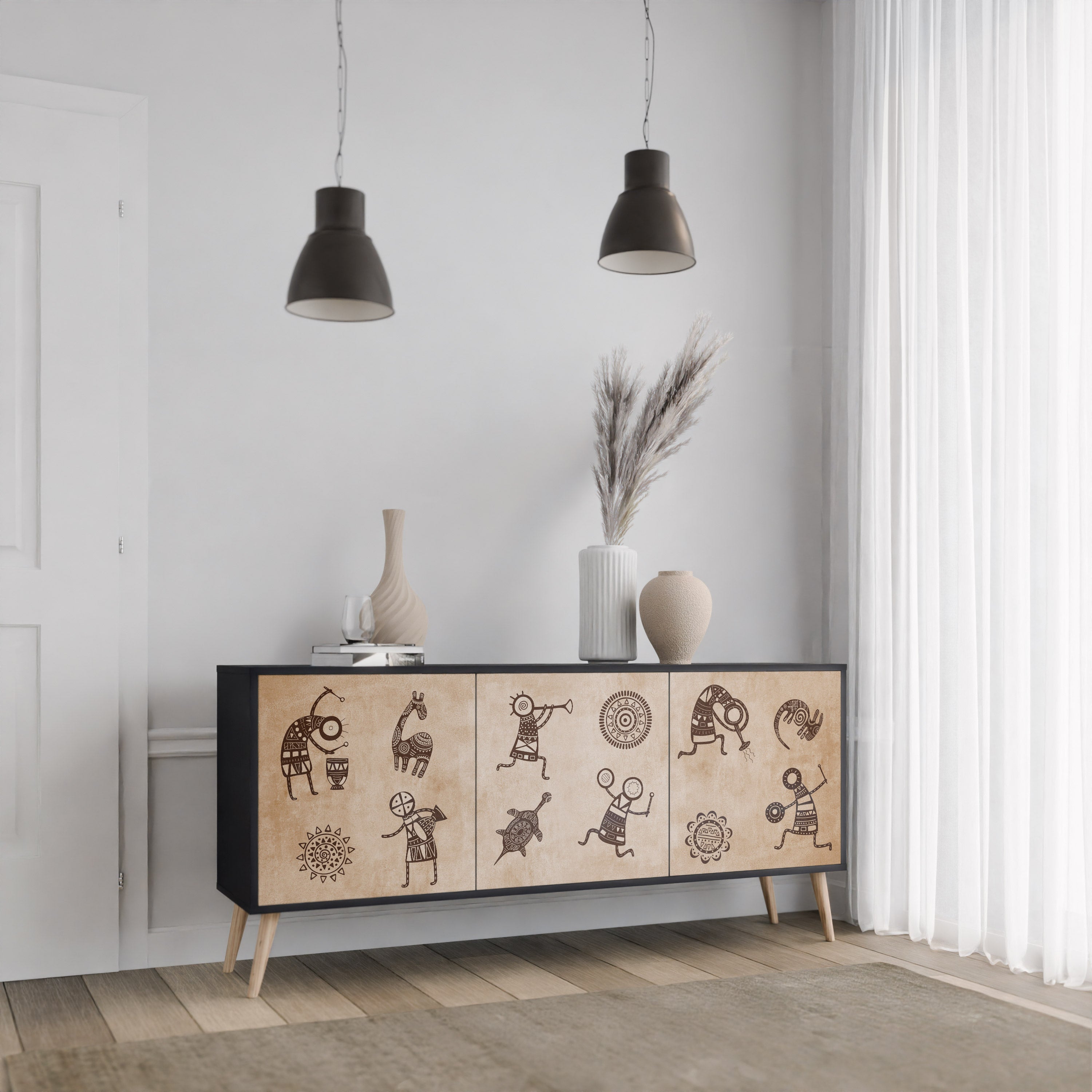AFRICAN STYLE 3-Door Sideboard in Black Finish