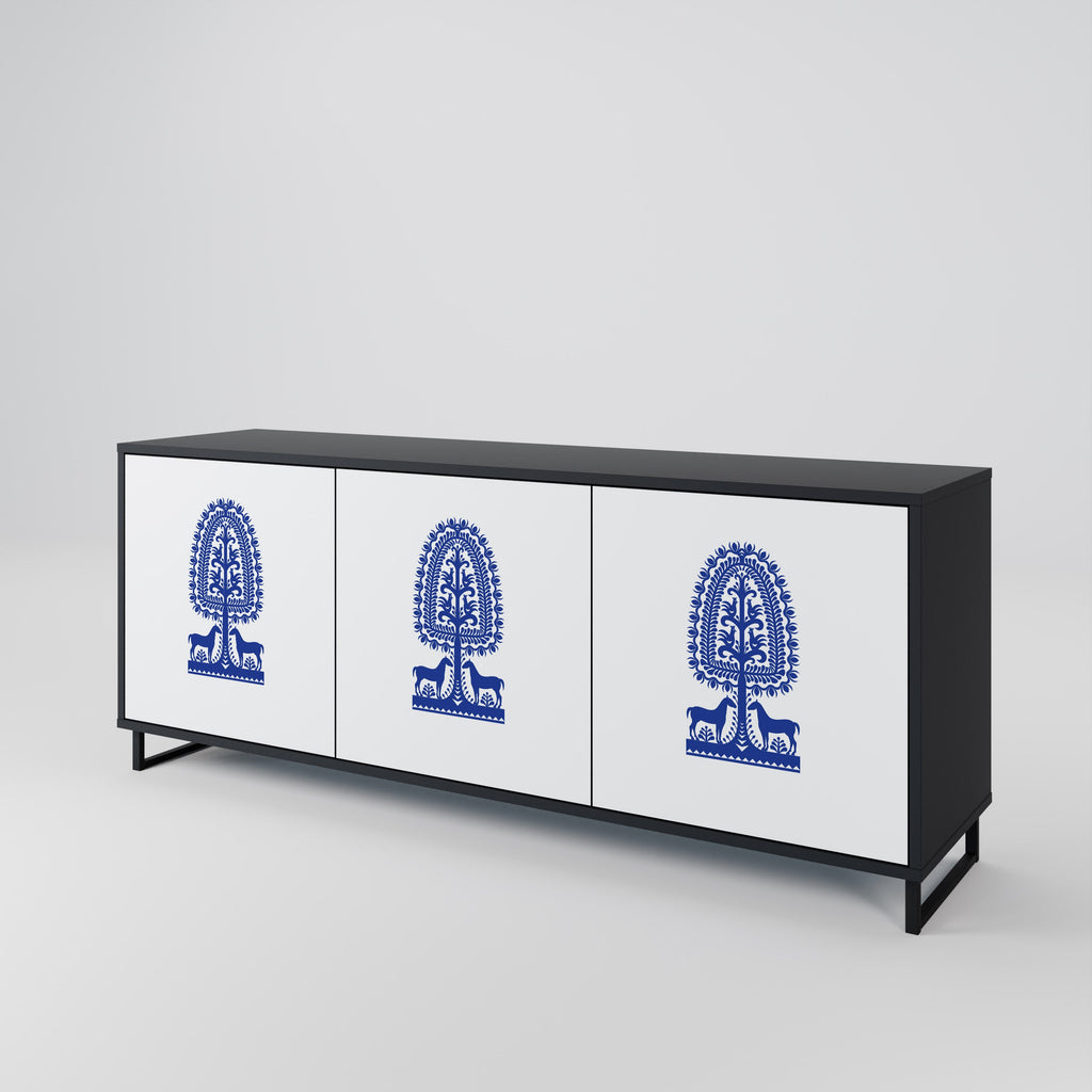 POLISH FOLK ART 3-Door Sideboard in Black Finish