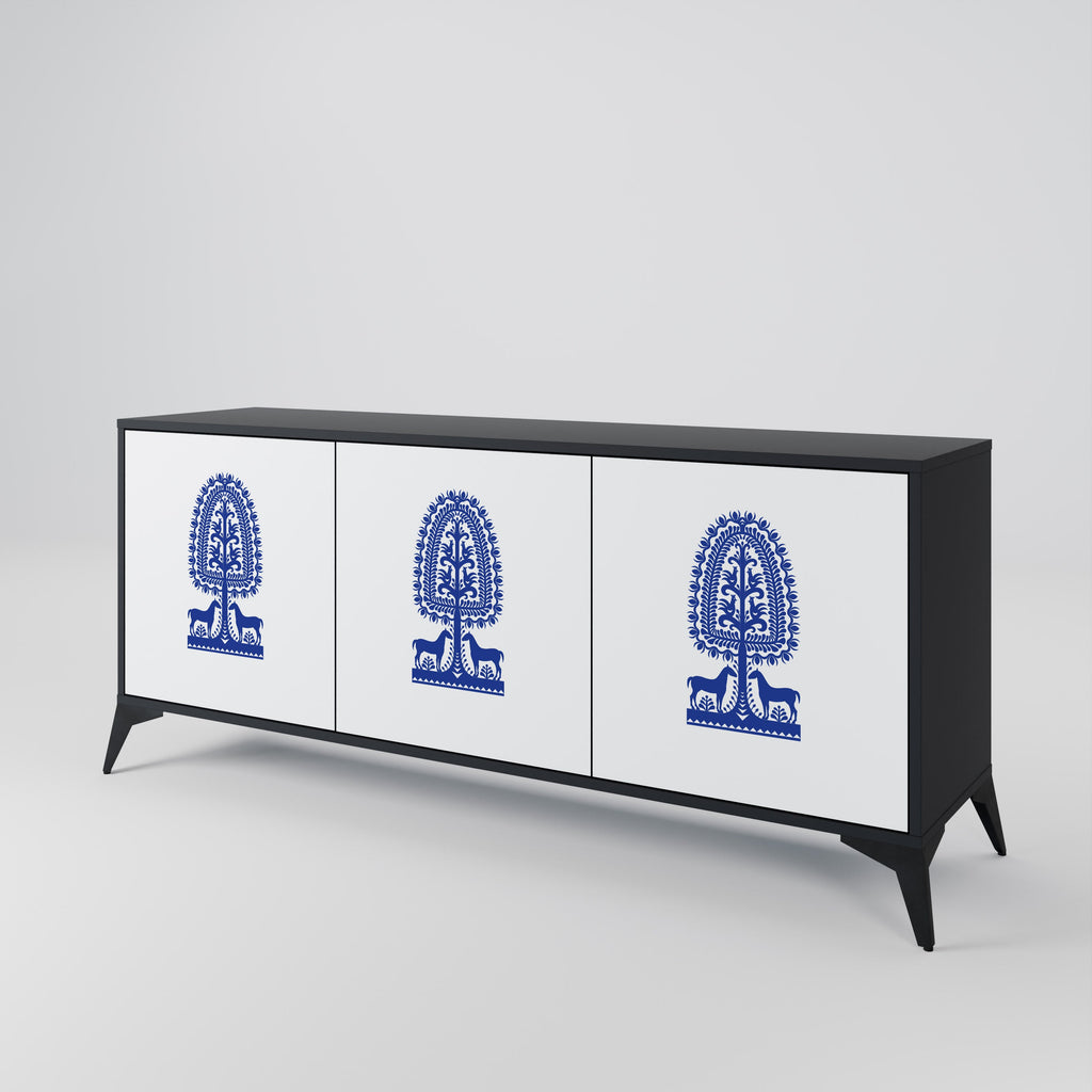 POLISH FOLK ART 3-Door Sideboard in Black Finish