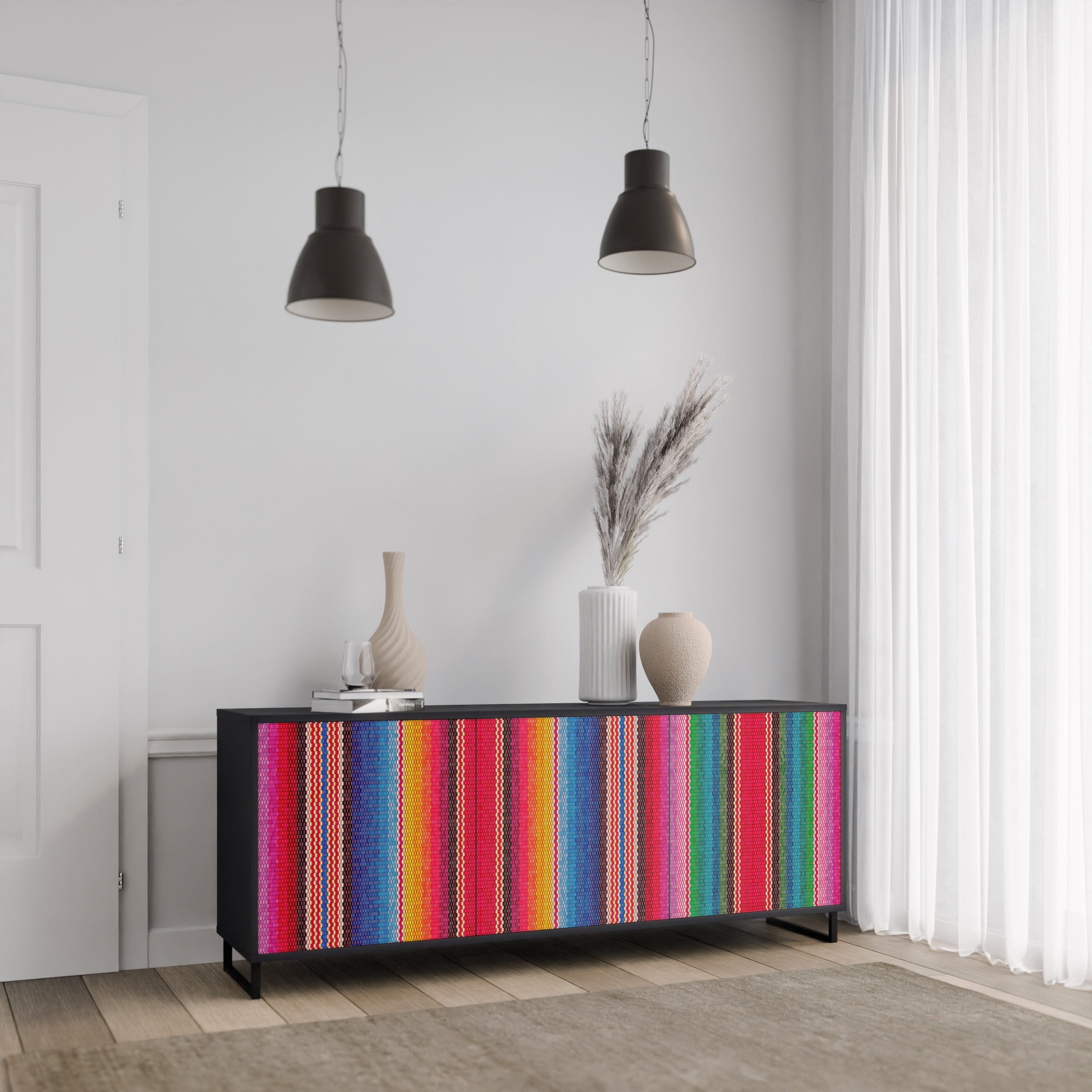 ETHNISCH-MEXIKANISCHER Sideboard mit 3 Türen in Schwarz