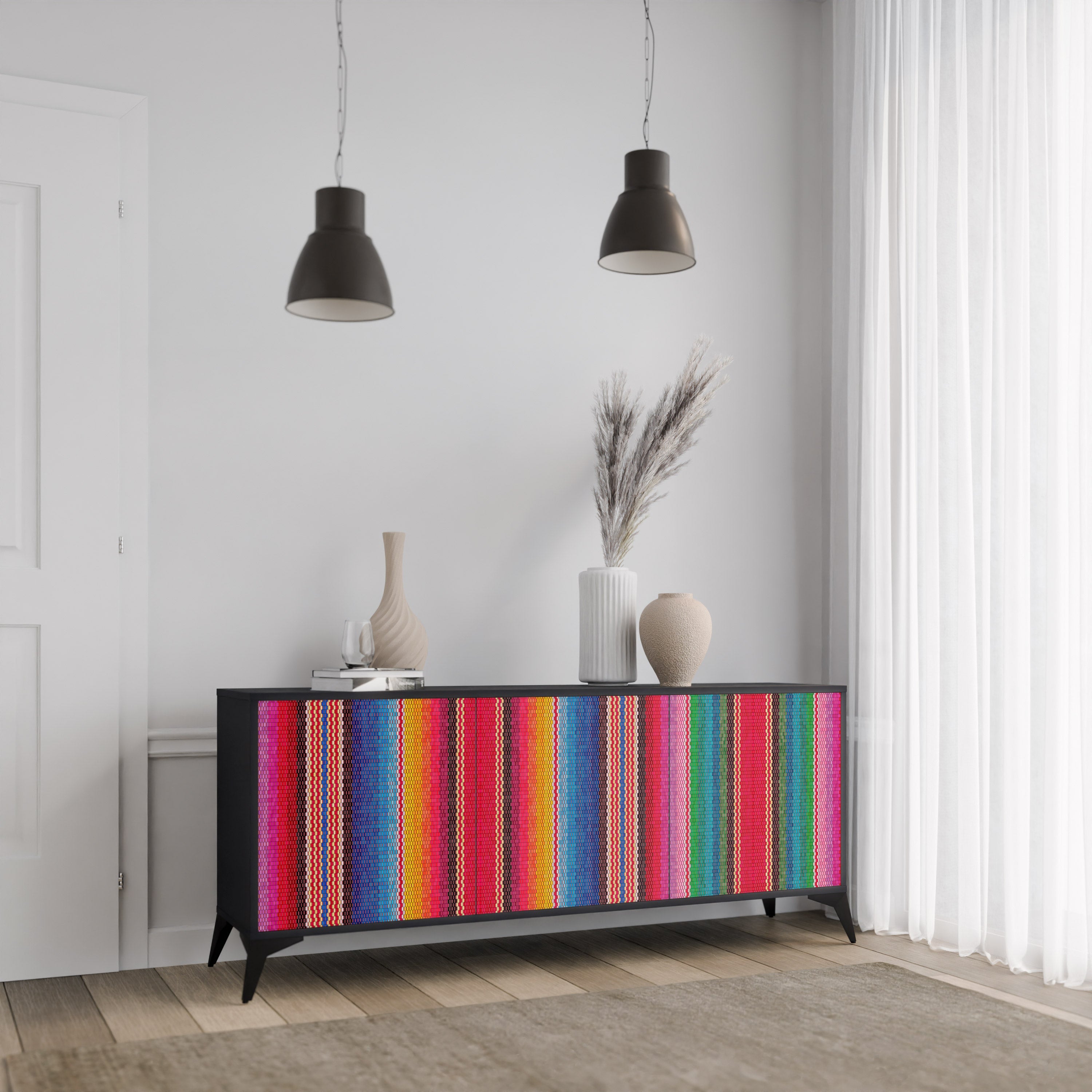 ETHNISCH-MEXIKANISCHER Sideboard mit 3 Türen in Schwarz
