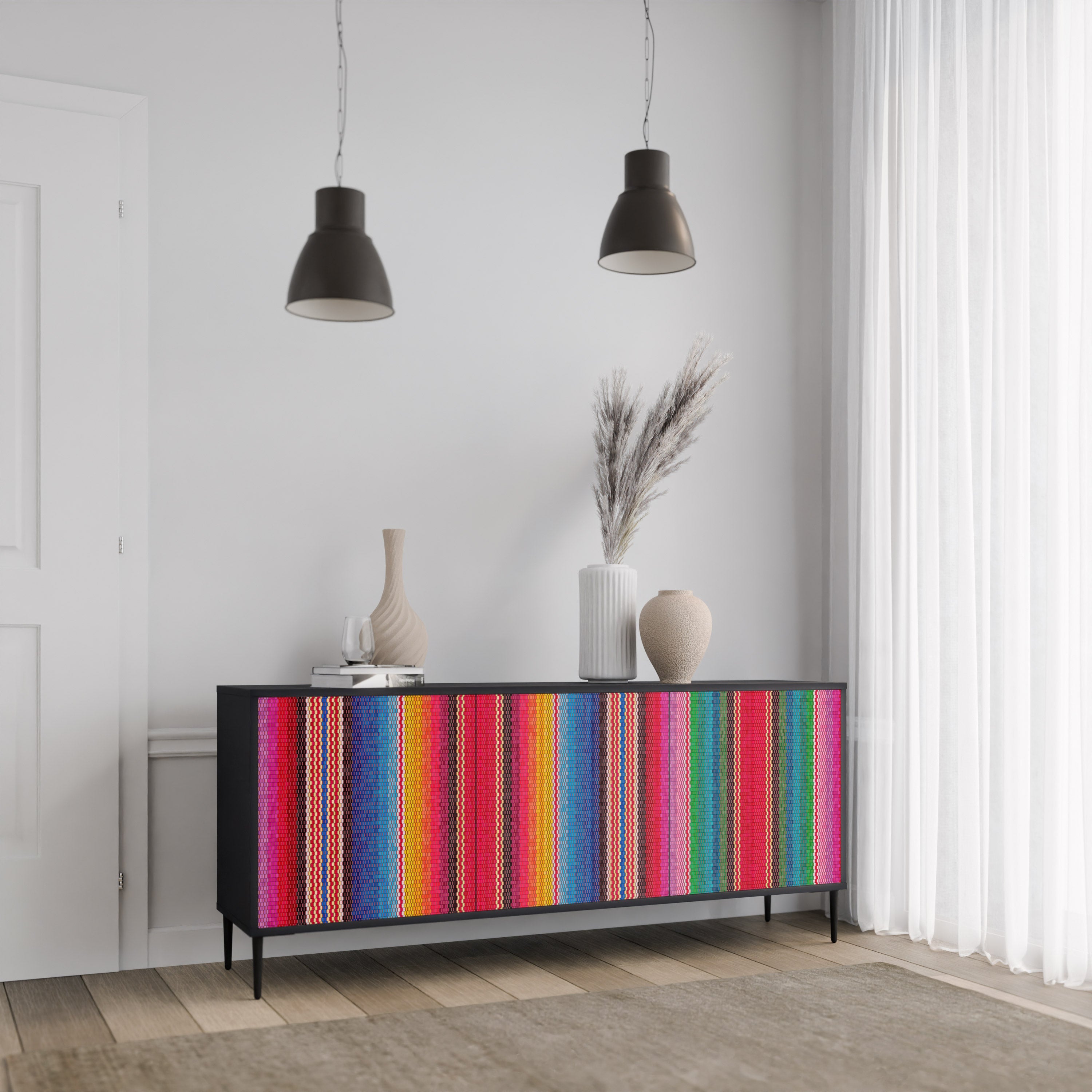 ETHNISCH-MEXIKANISCHER Sideboard mit 3 Türen in Schwarz
