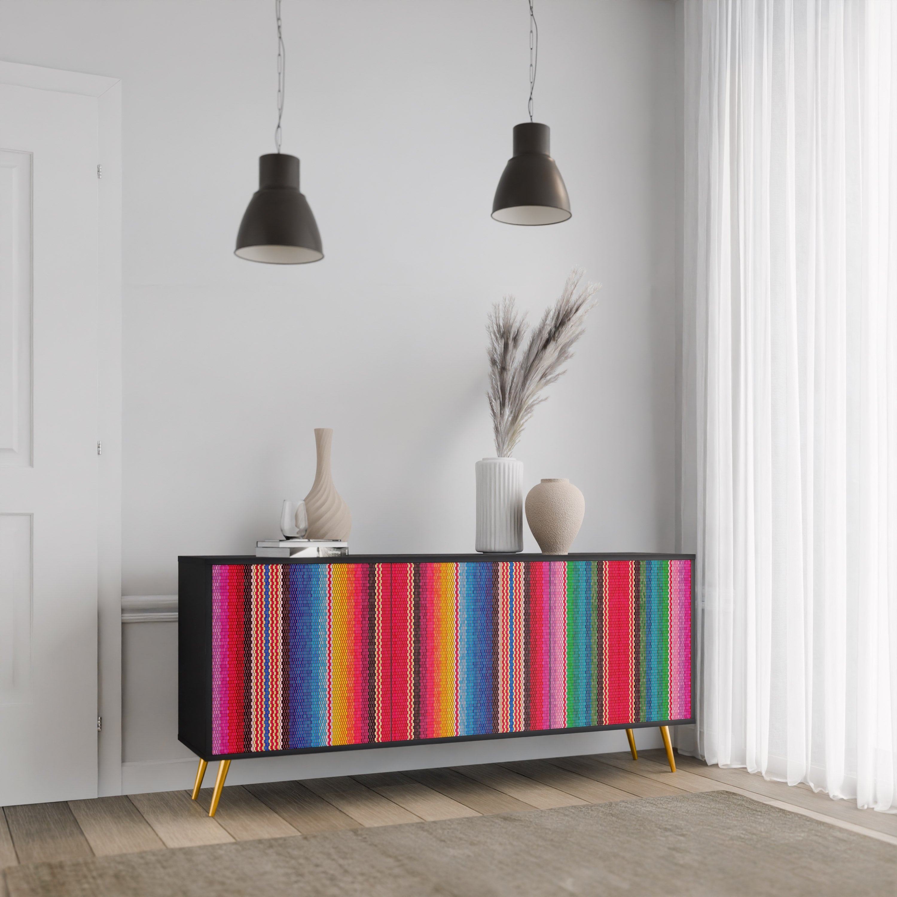 ETHNISCH-MEXIKANISCHER Sideboard mit 3 Türen in Schwarz