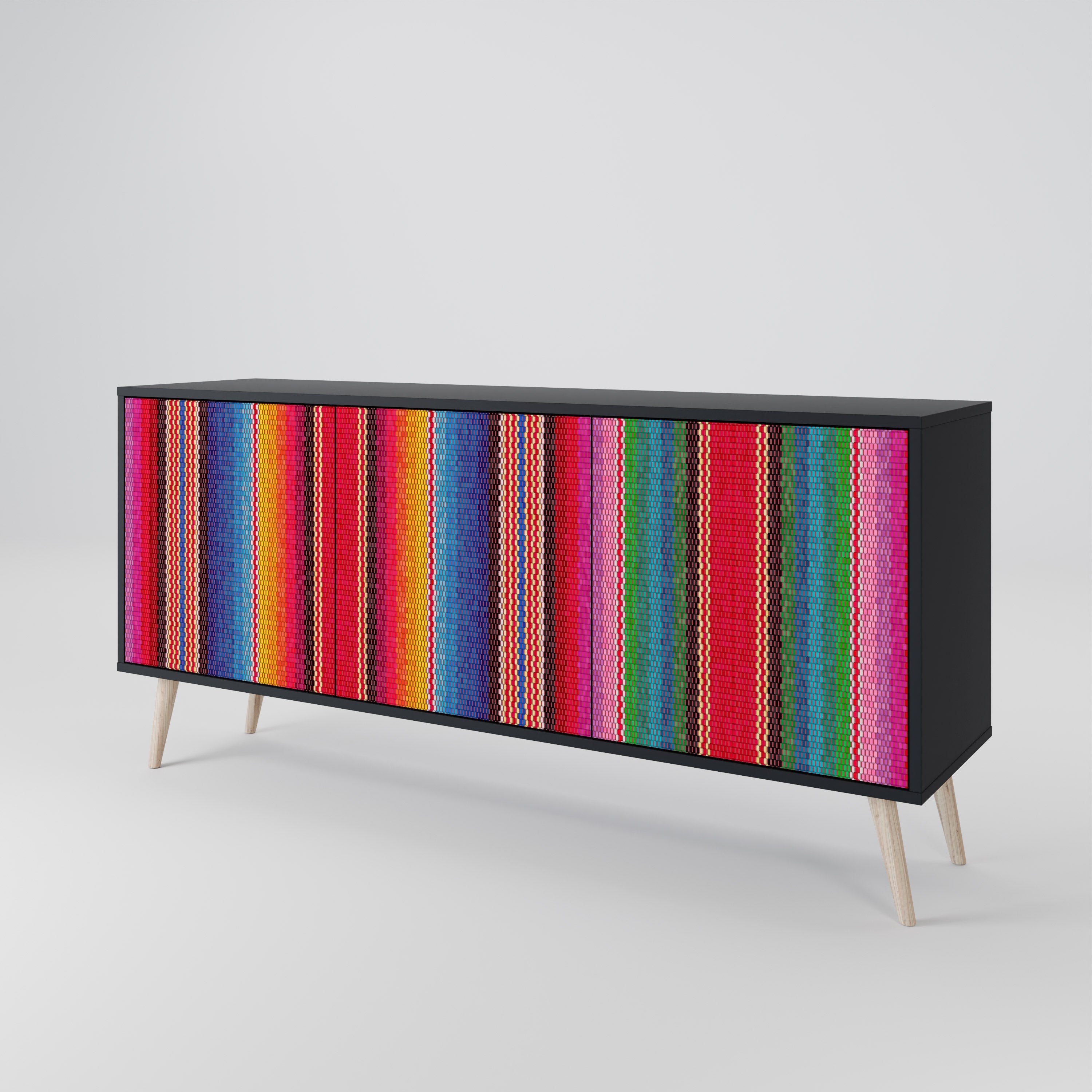 ETHNISCH-MEXIKANISCHER Sideboard mit 3 Türen in Schwarz