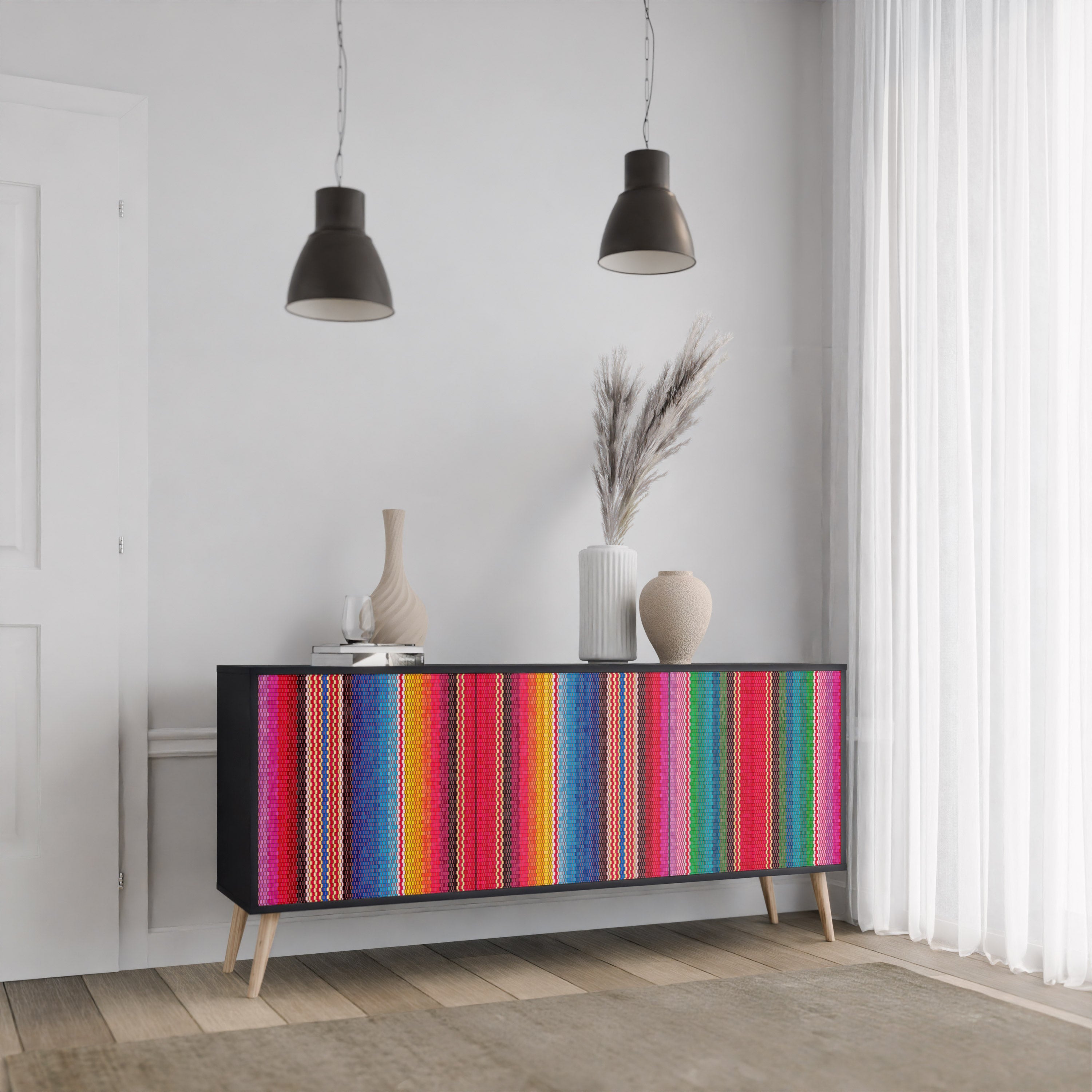 ETHNISCH-MEXIKANISCHER Sideboard mit 3 Türen in Schwarz