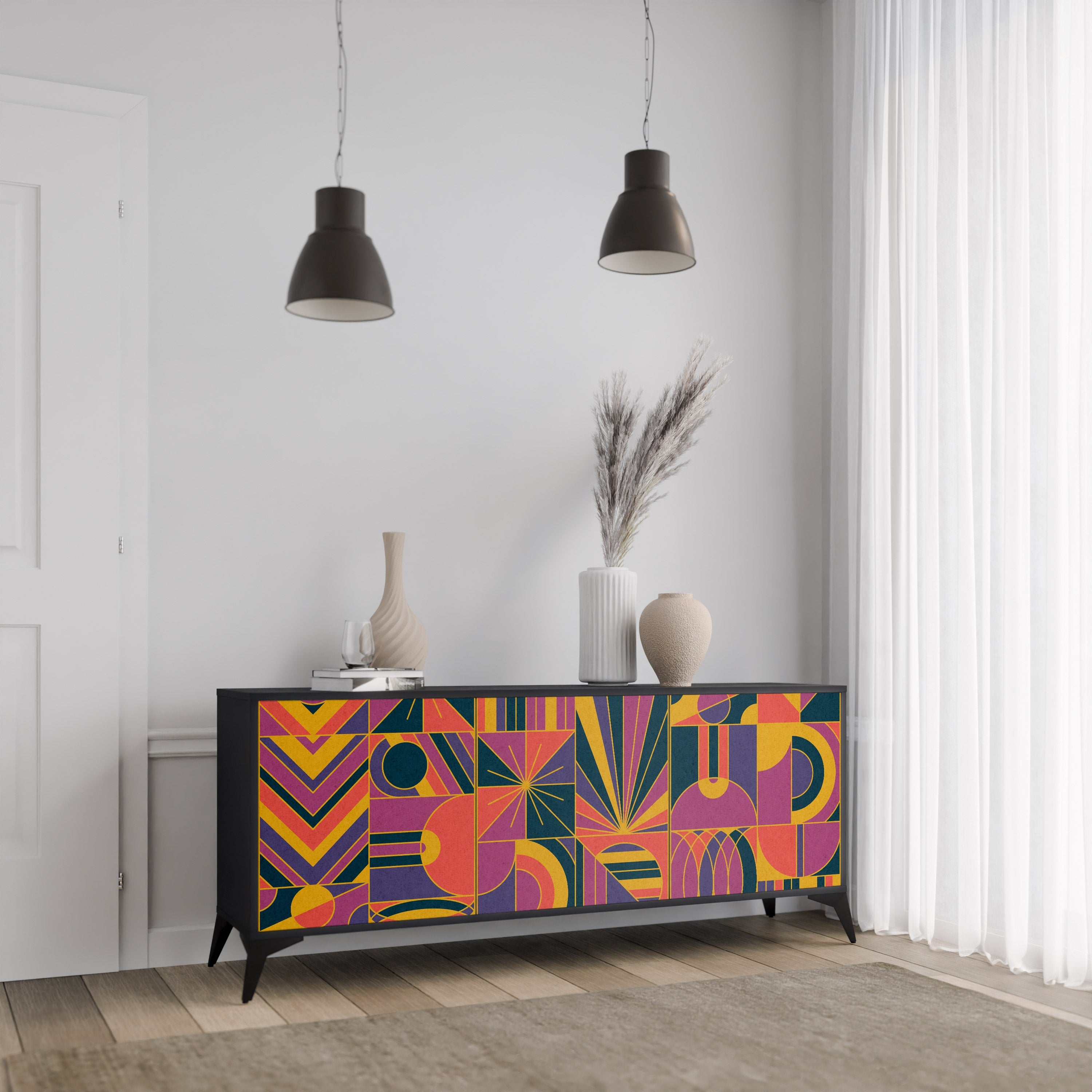 ELECTRIC PATTERNS Sideboard mit 3 Türen, schwarzes Finish