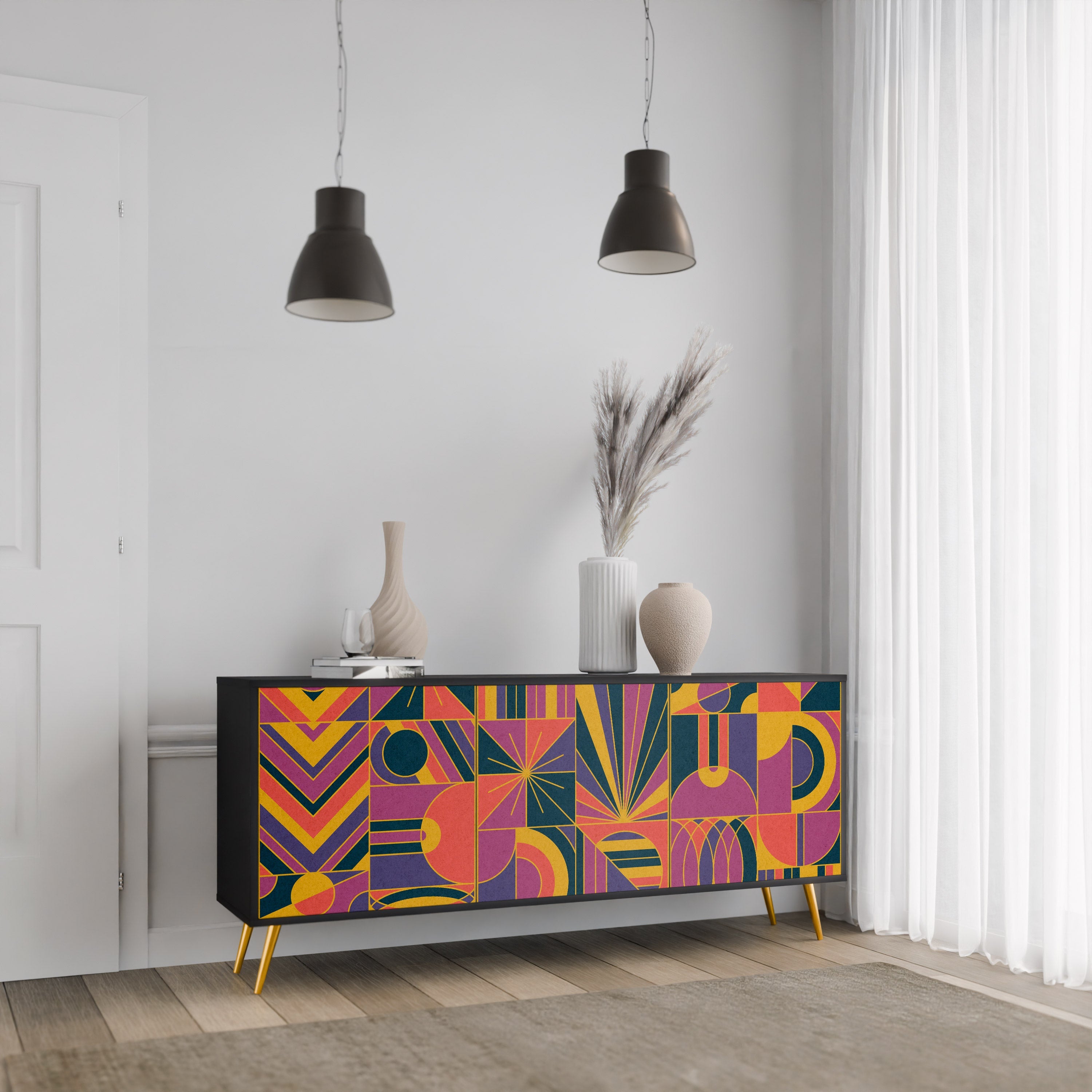 ELECTRIC PATTERNS Sideboard mit 3 Türen, schwarzes Finish
