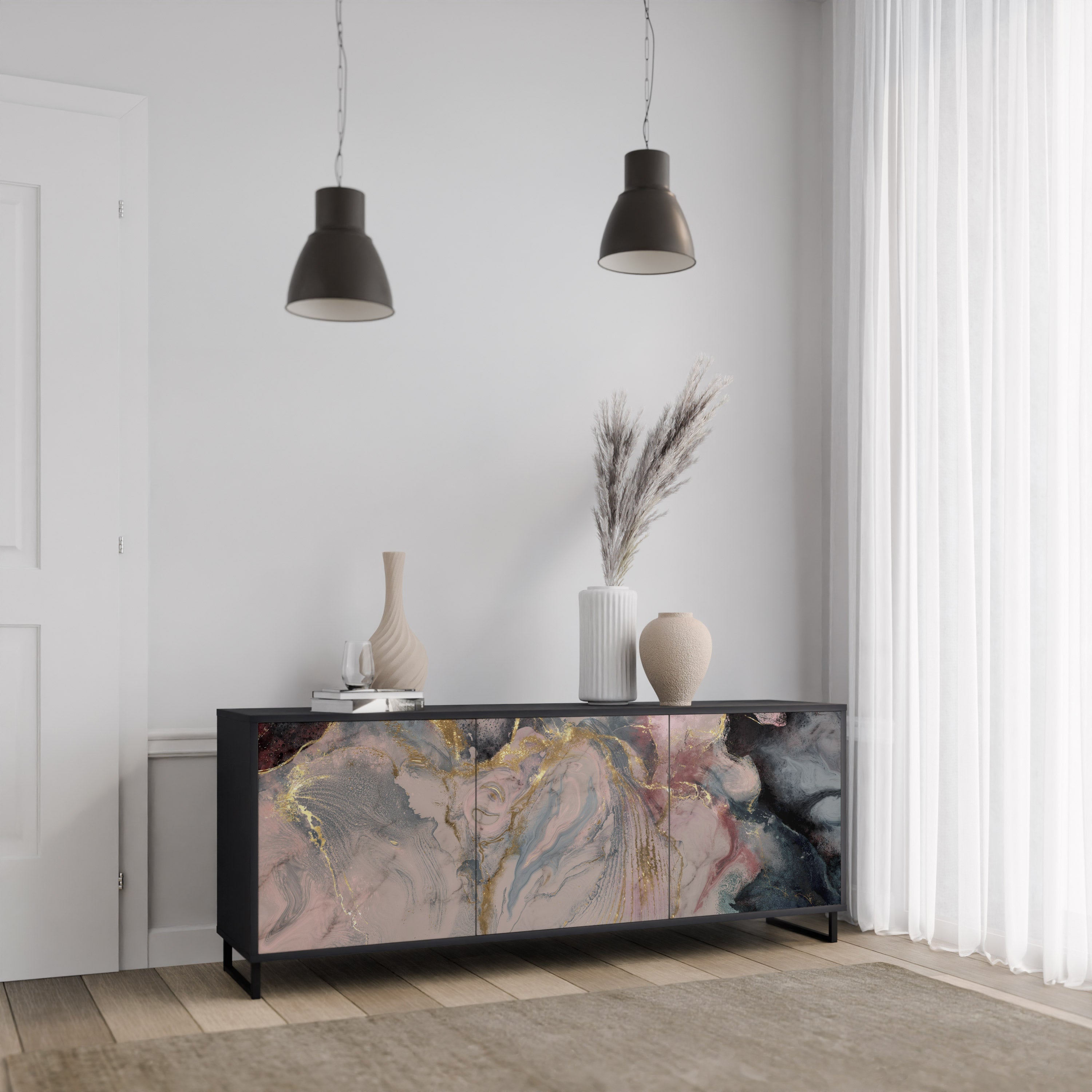 GILDED SWIRLS Sideboard mit 3 Türen in Schwarz