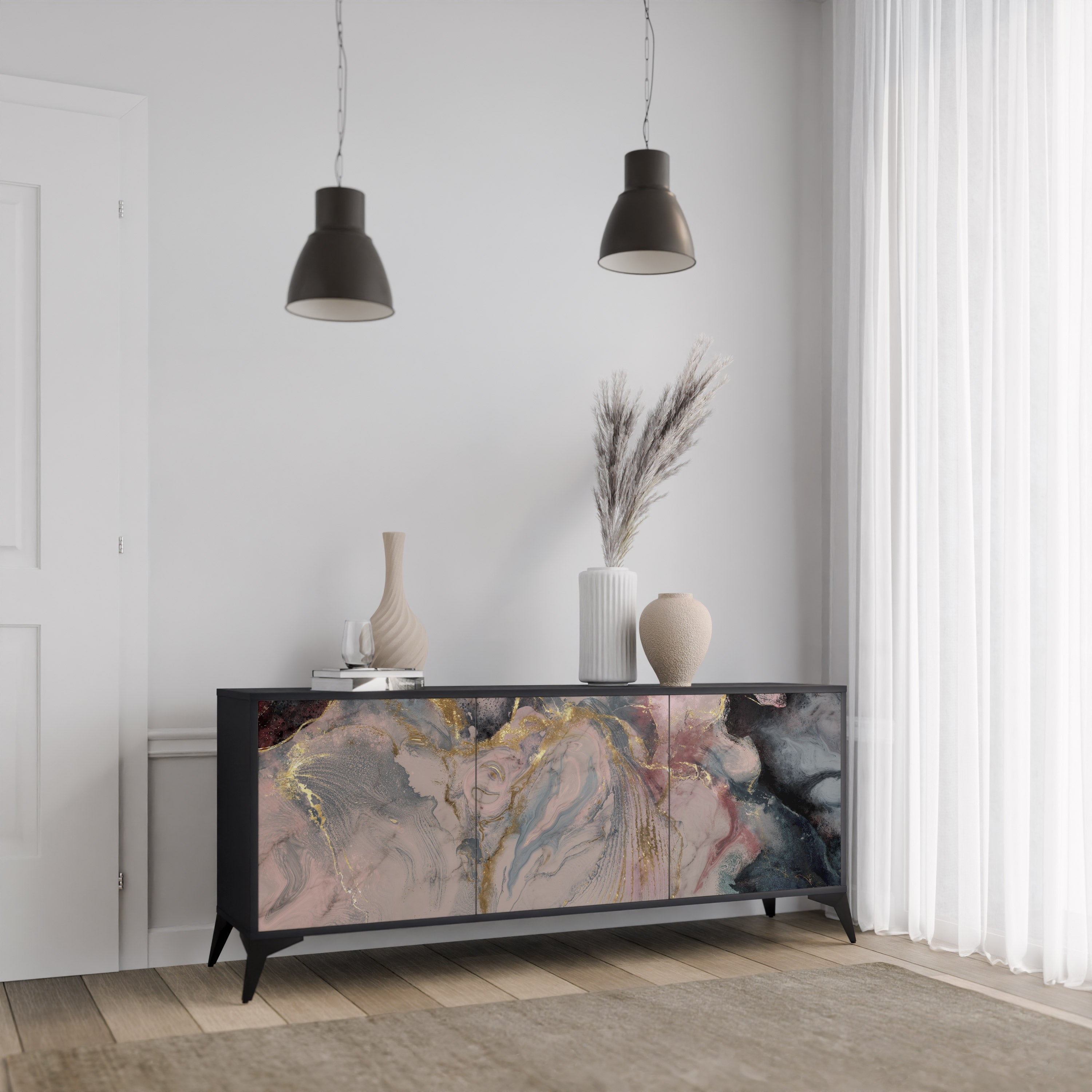 GILDED SWIRLS Sideboard mit 3 Türen in Schwarz