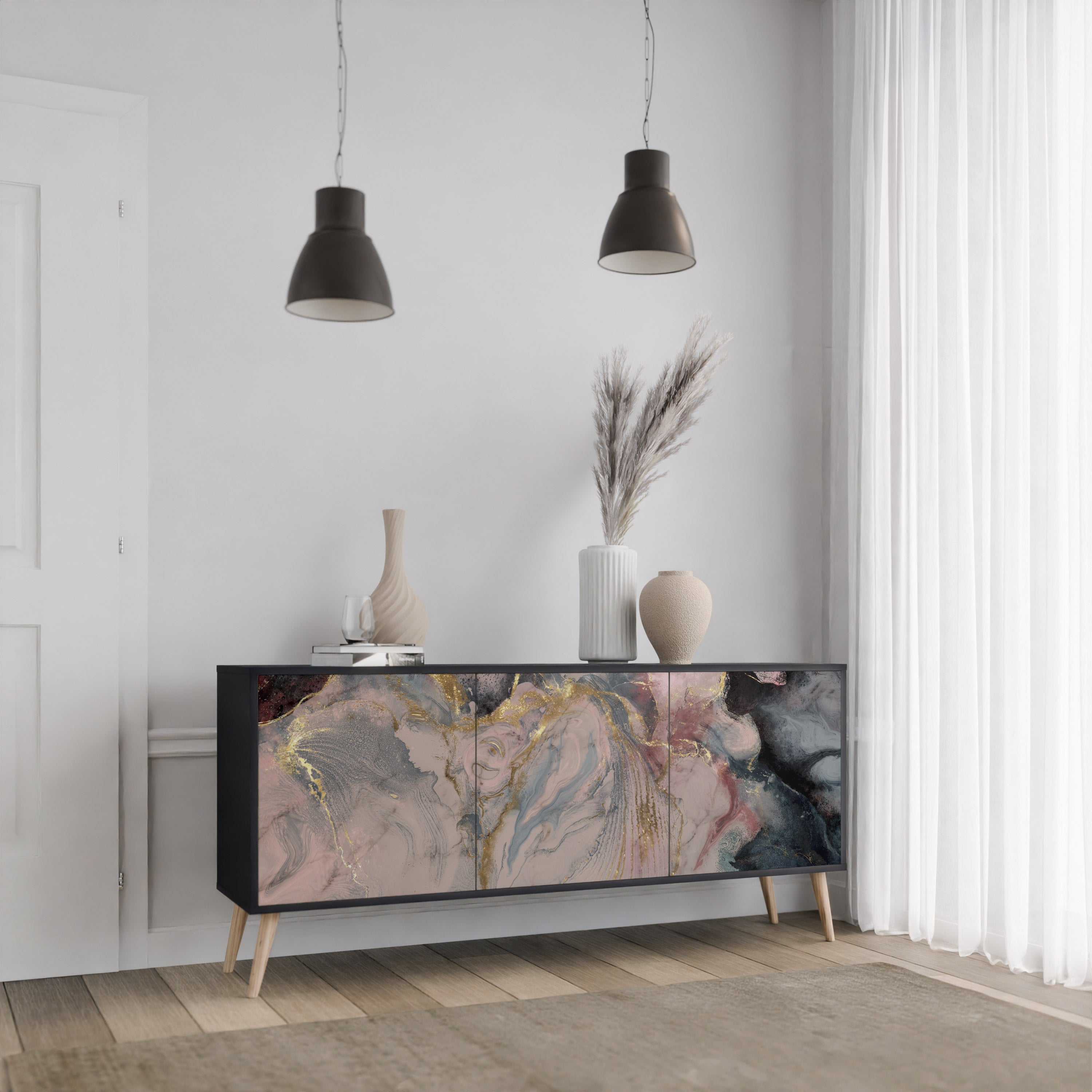 GILDED SWIRLS Sideboard mit 3 Türen in Schwarz
