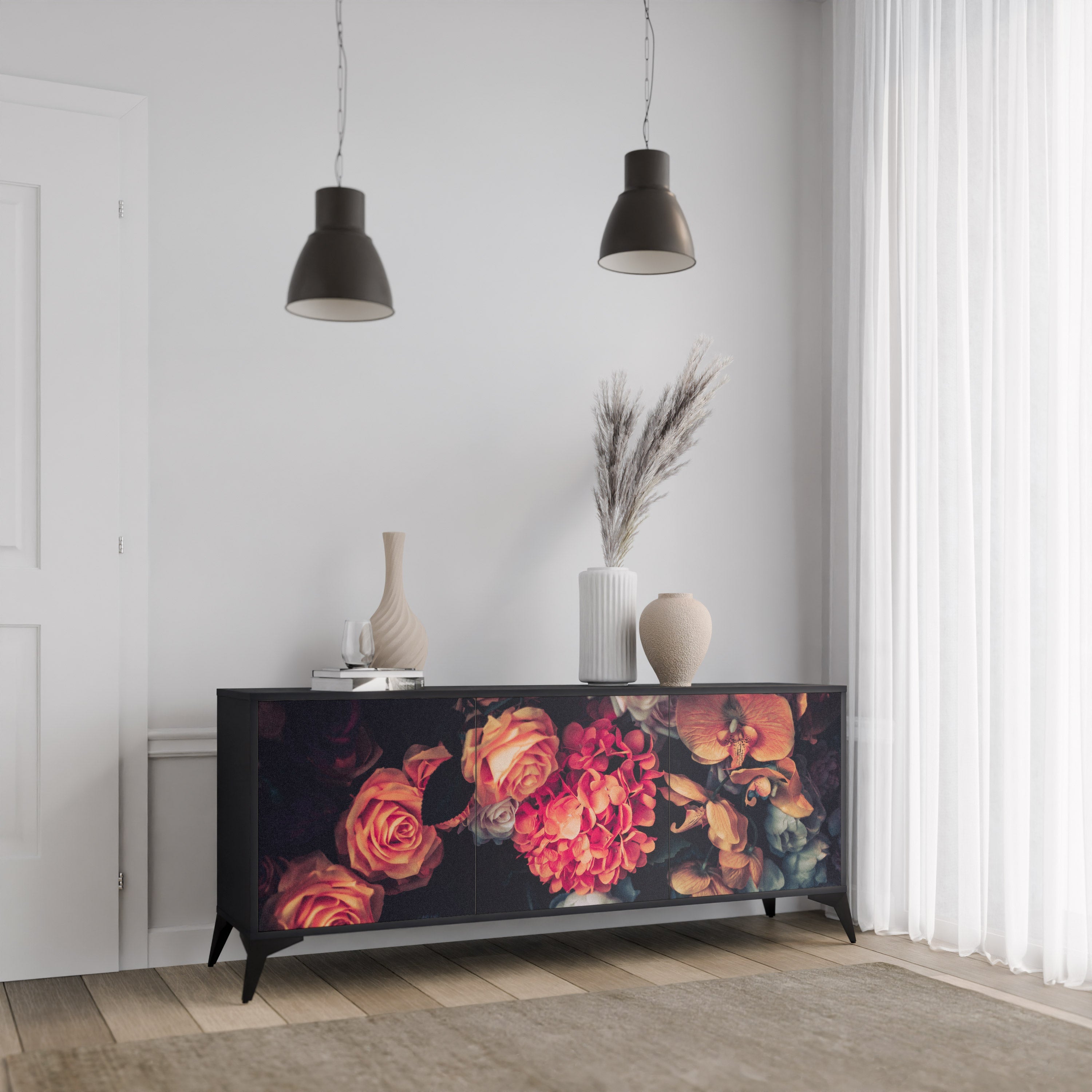 NEVERENDING BLOOM Sideboard mit 3 Türen in Schwarz