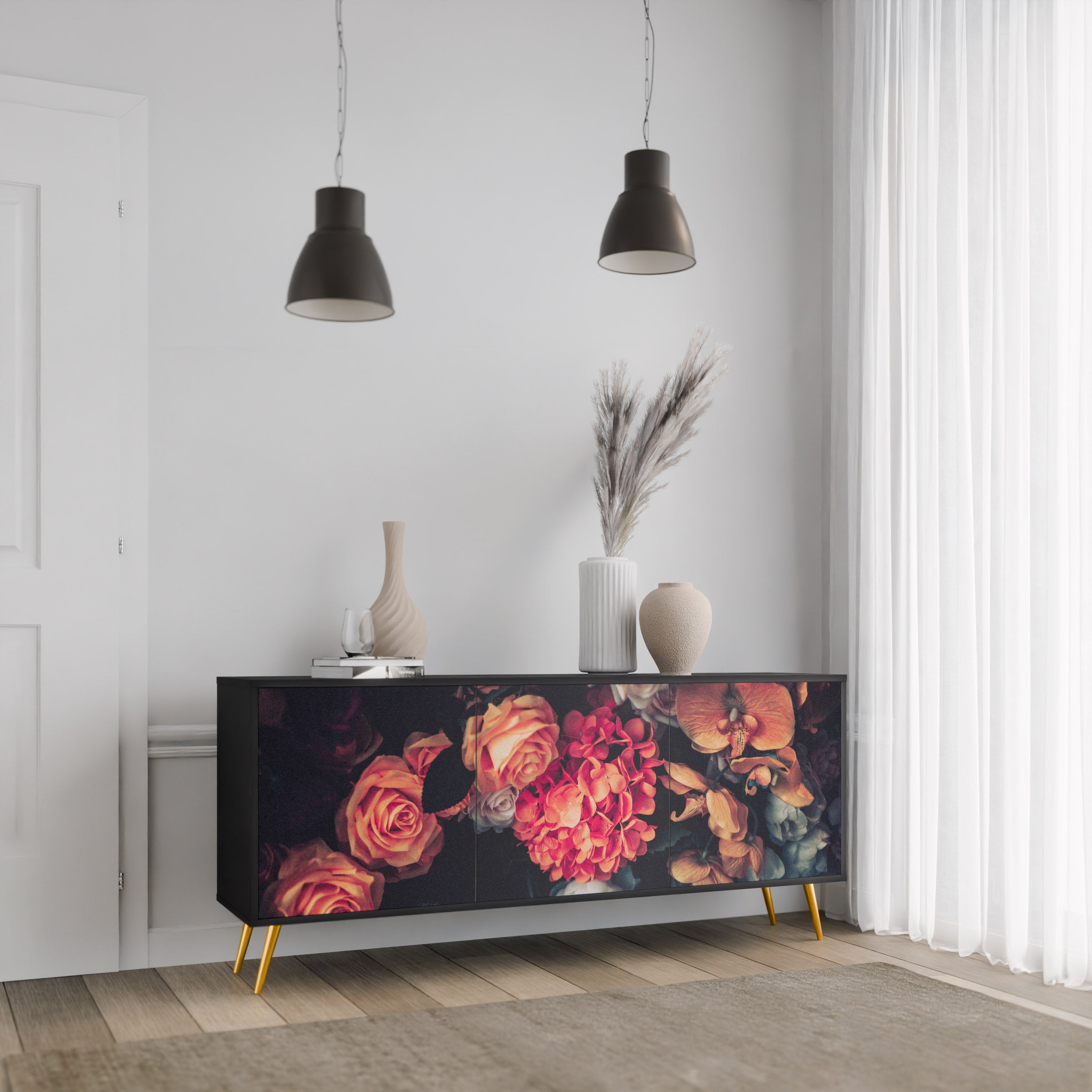 NEVERENDING BLOOM Sideboard mit 3 Türen in Schwarz