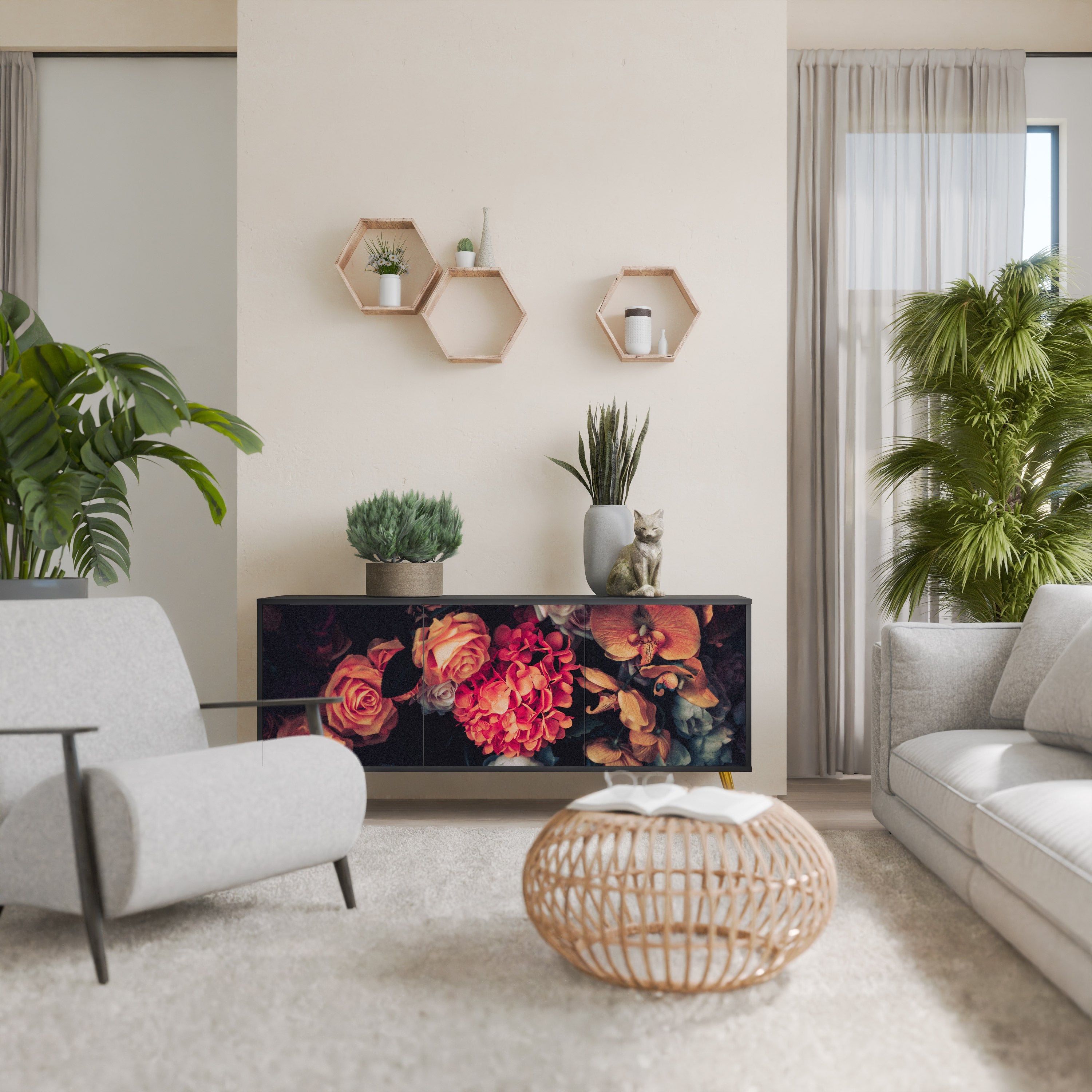 NEVERENDING BLOOM Sideboard mit 3 Türen in Schwarz