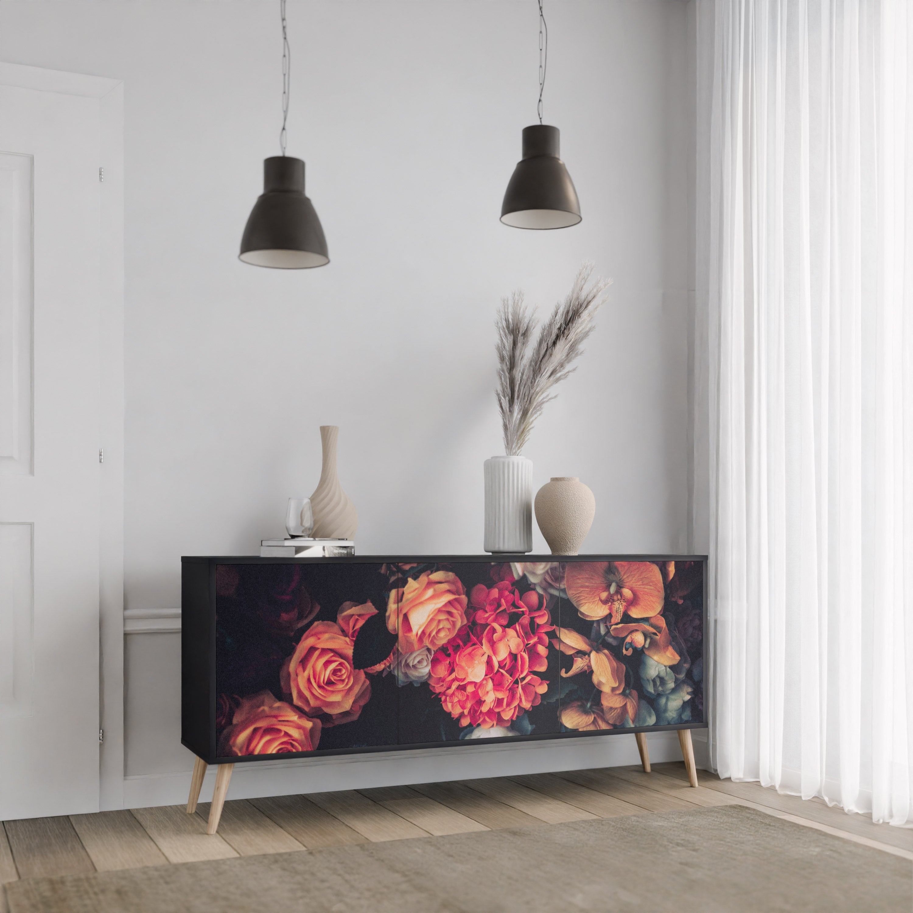 NEVERENDING BLOOM Sideboard mit 3 Türen in Schwarz