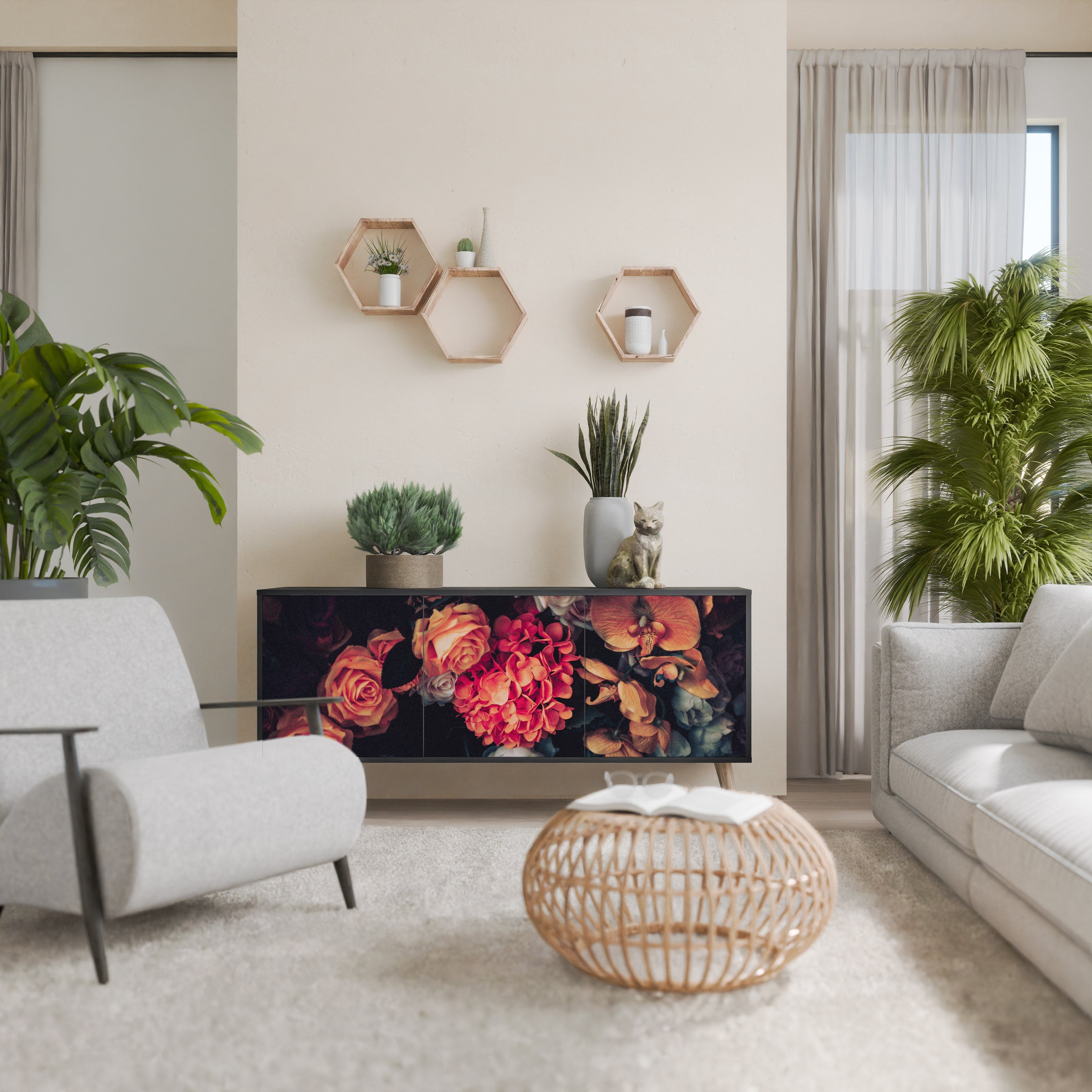 NEVERENDING BLOOM Sideboard mit 3 Türen in Schwarz