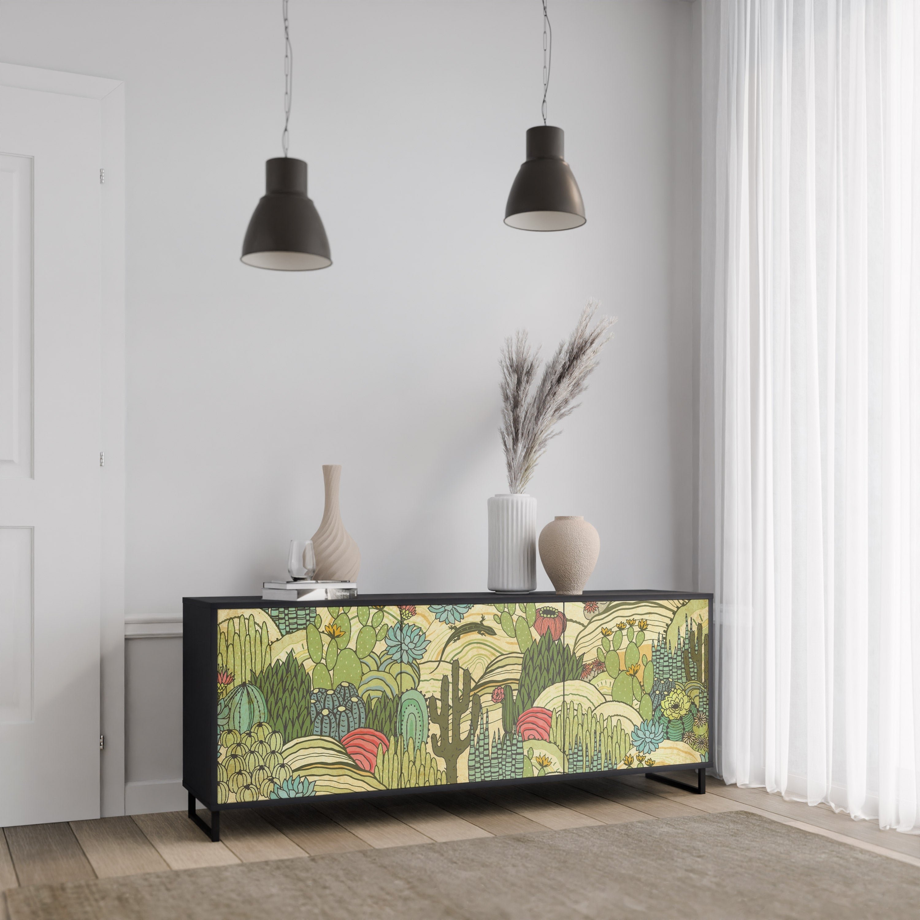 SUCCULENTS KALEIDOSCOPE Sideboard mit 3 Türen in Schwarz
