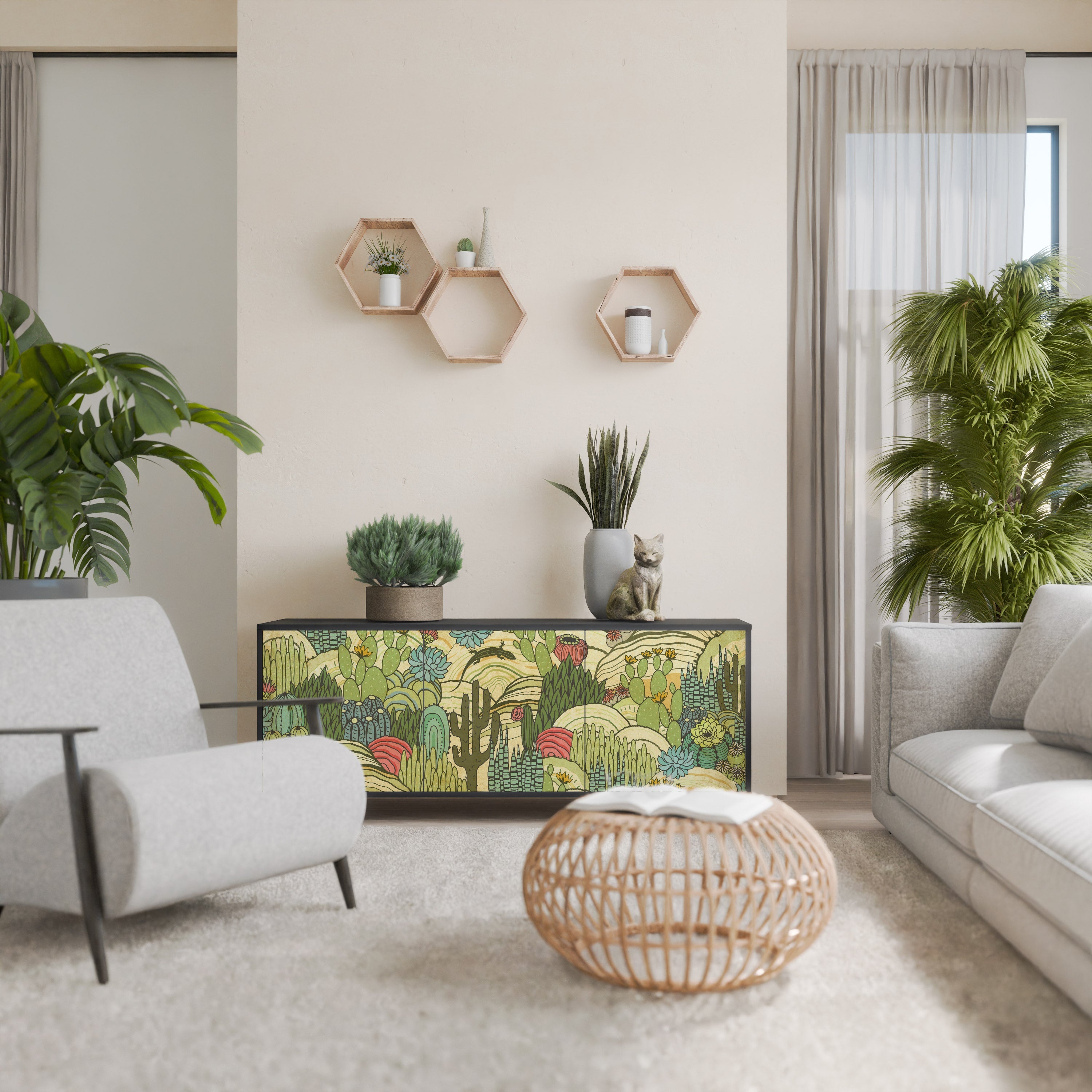 SUCCULENTS KALEIDOSCOPE Sideboard mit 3 Türen in Schwarz